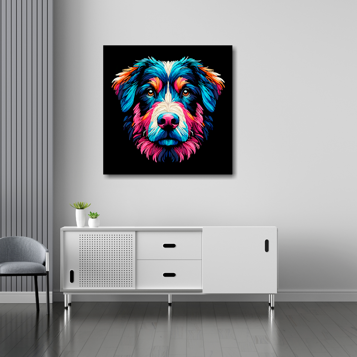 30 inch by 30 inch canvas print featuring a multi-coloured Borador dog portrait. Mounted on a white wall above a white sideboard.