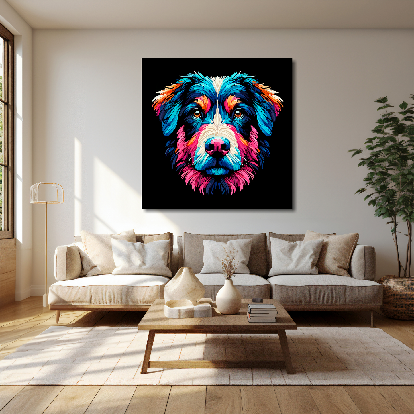 40 inch by 40 inch canvas print featuring a multi-coloured Borador dog portrait. Mounted on a cream wall above a cream sofa with decorative pillows.