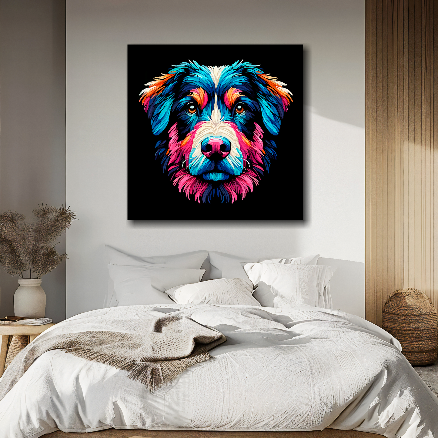 Canvas print featuring a multi-coloured Borador dog portrait. Mounted on a white wall above a double bed.