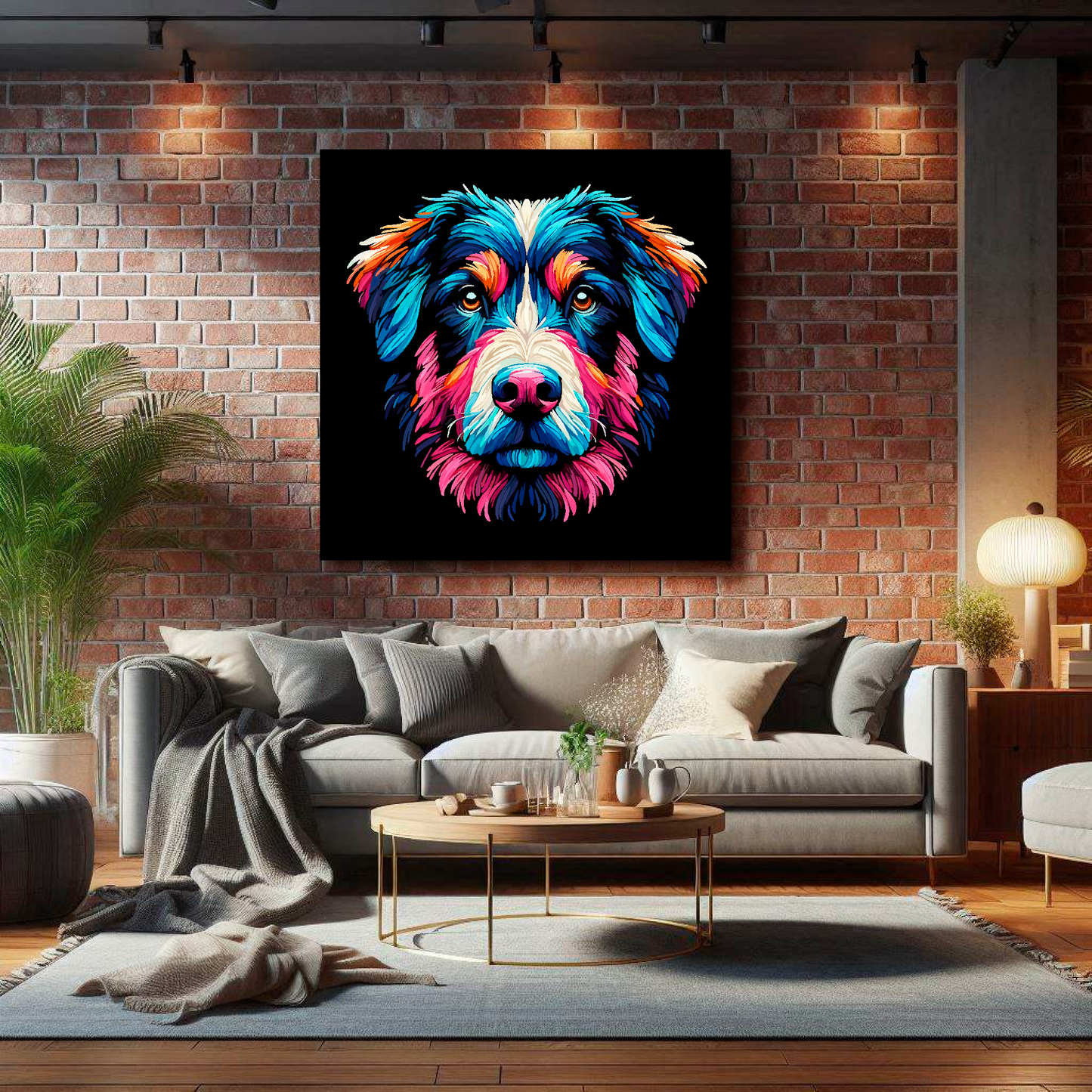 XL canvas print featuring a multi-coloured Borador dog portrait. Mounted on a lounge brick wall above a grey sofa with decorative pillows.