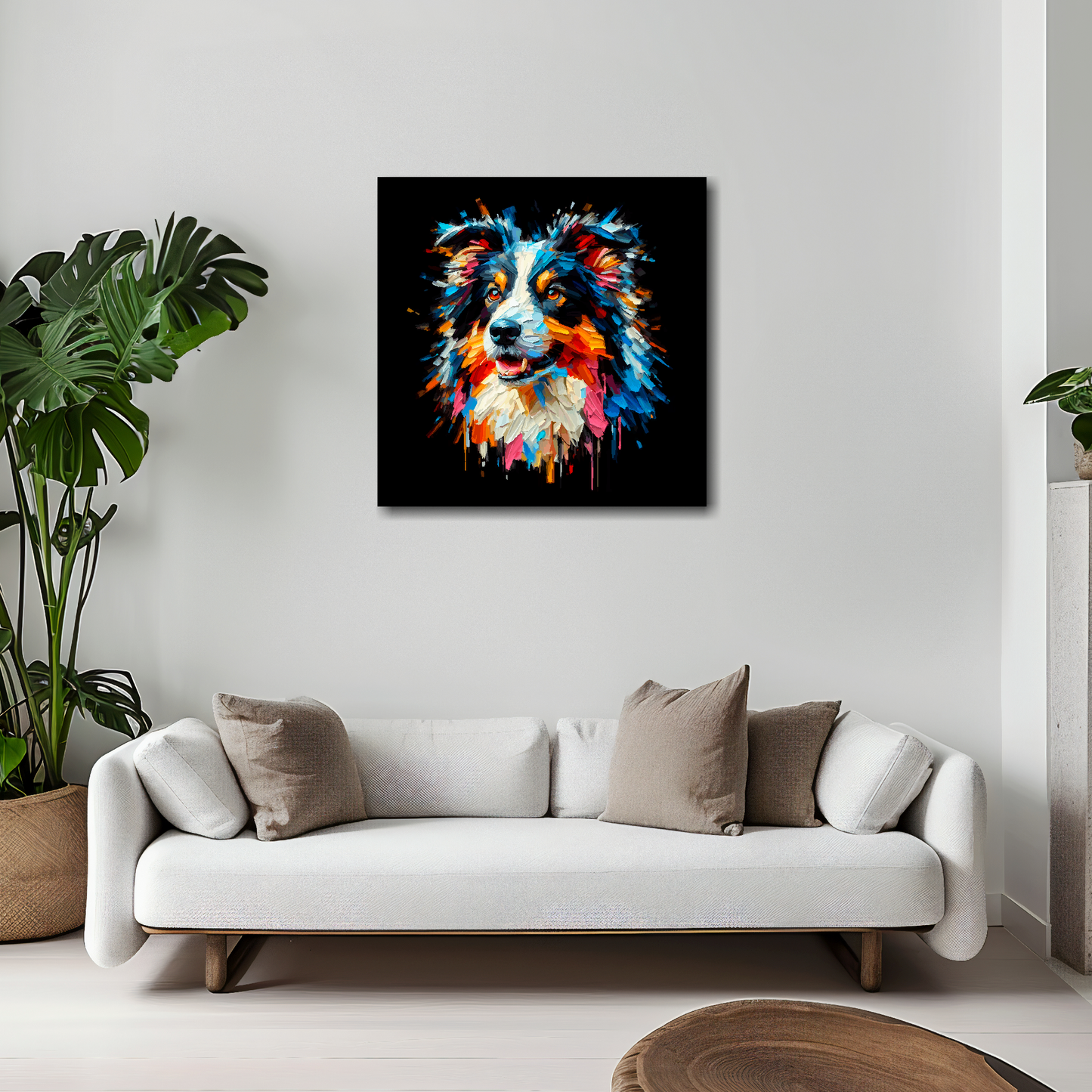 20 inch by 20 inch square canvas of a colourful Border Collie head portrait on a black background. Mounted on a white wall above a white sofa with decorative pillows.