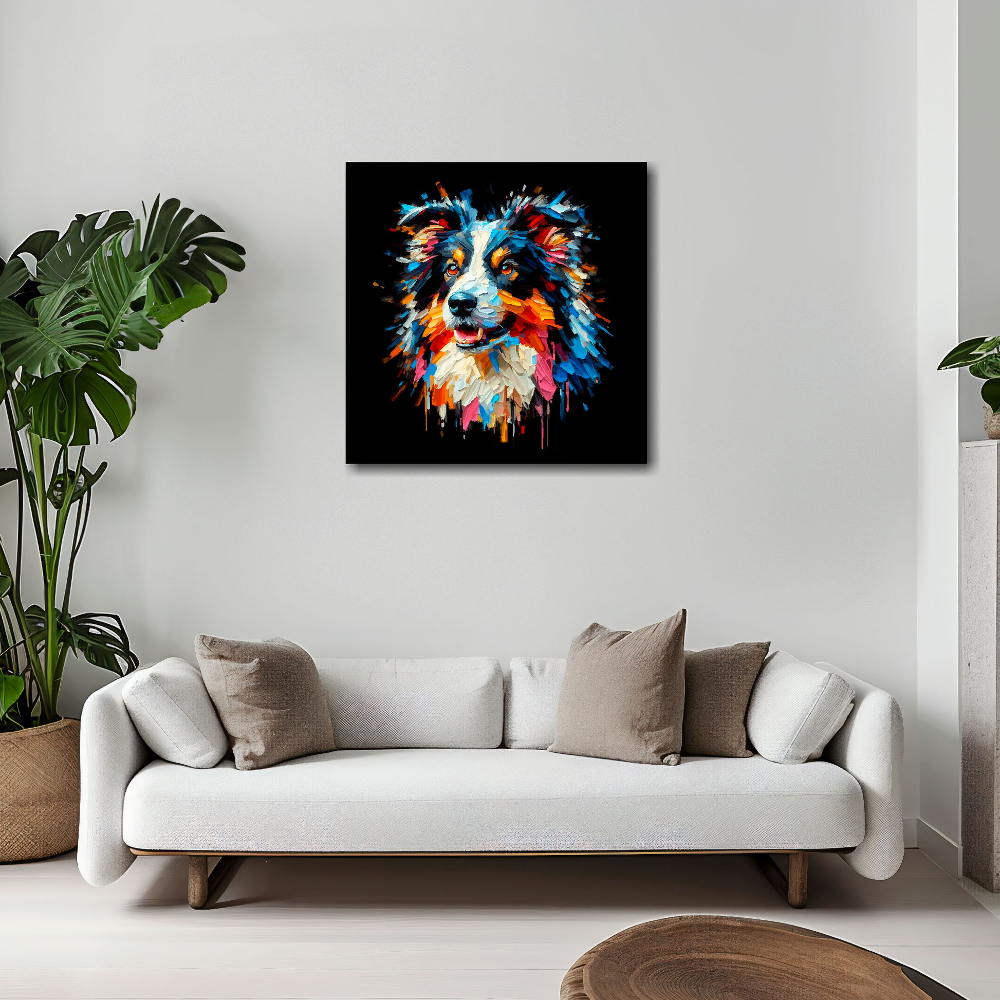 20 inch by 20 inch square canvas of a colourful Border Collie head portrait on a black background. Mounted on a white wall above a white sofa with decorative pillows.