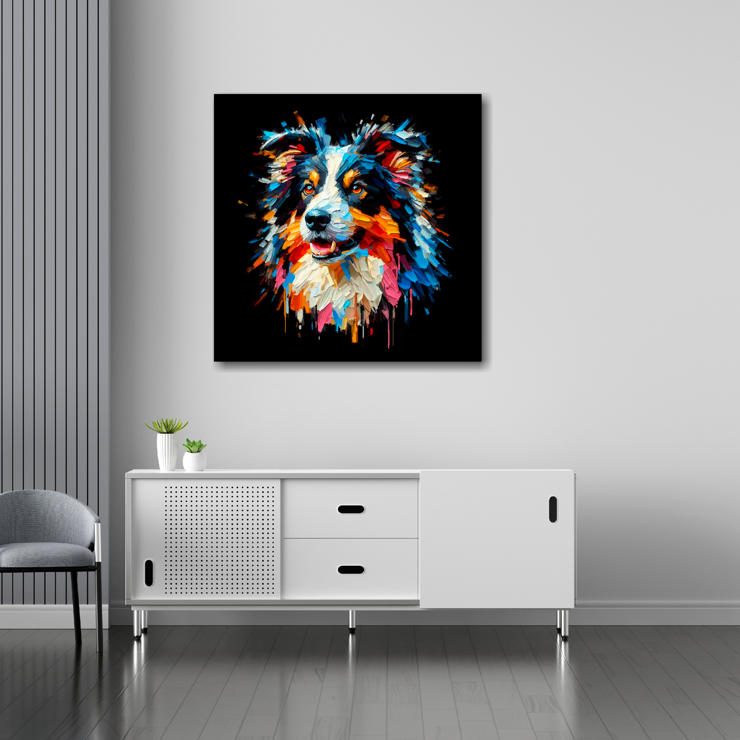 30 inch by 30 inch square canvas of a colourful Border Collie head portrait on a black background. Mounted on a white wall above a white sideboard.