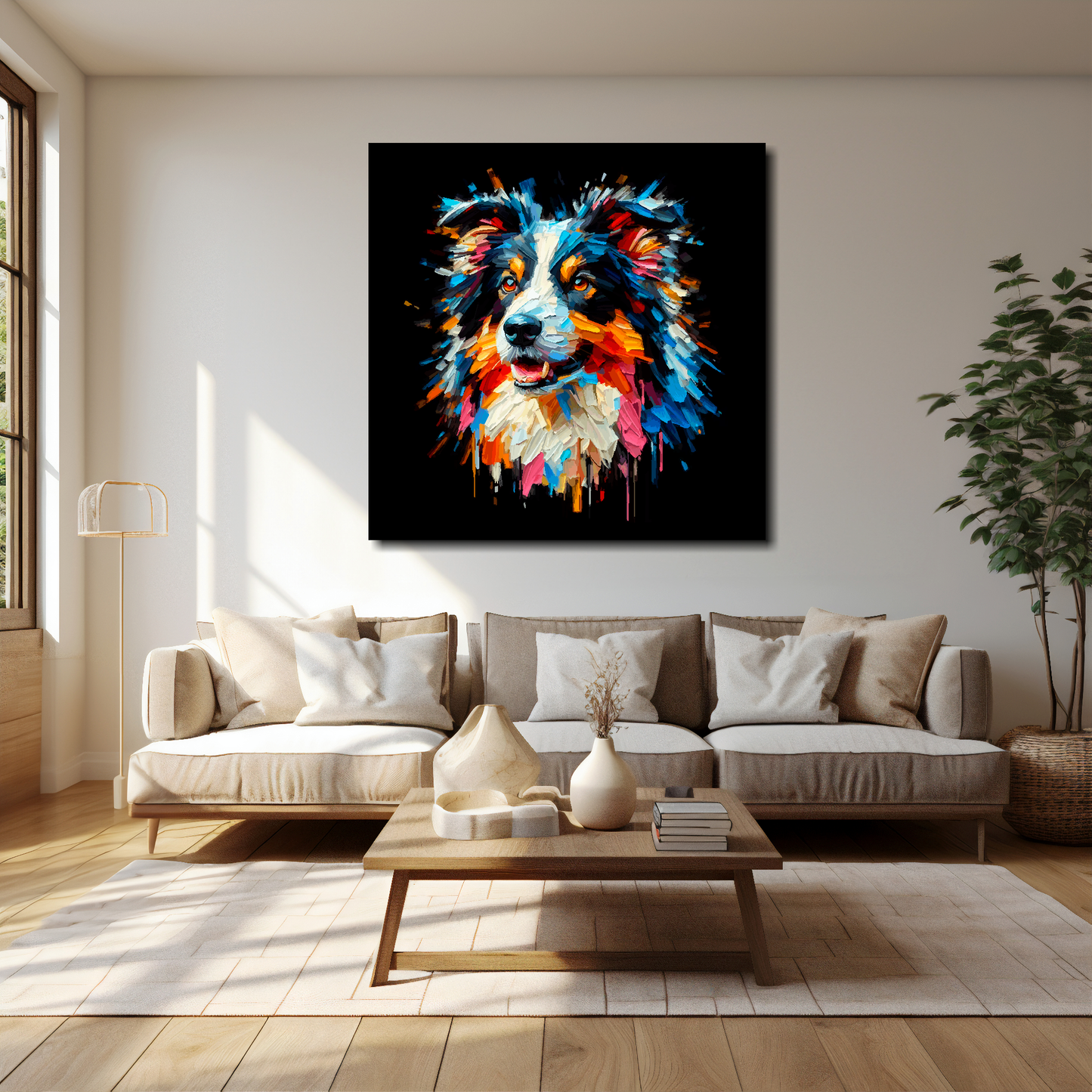 40 inch by 40 inch square canvas of a colourful Border Collie head portrait on a black background. Mounted on a white wall above a cream sofa with decorative pillows.