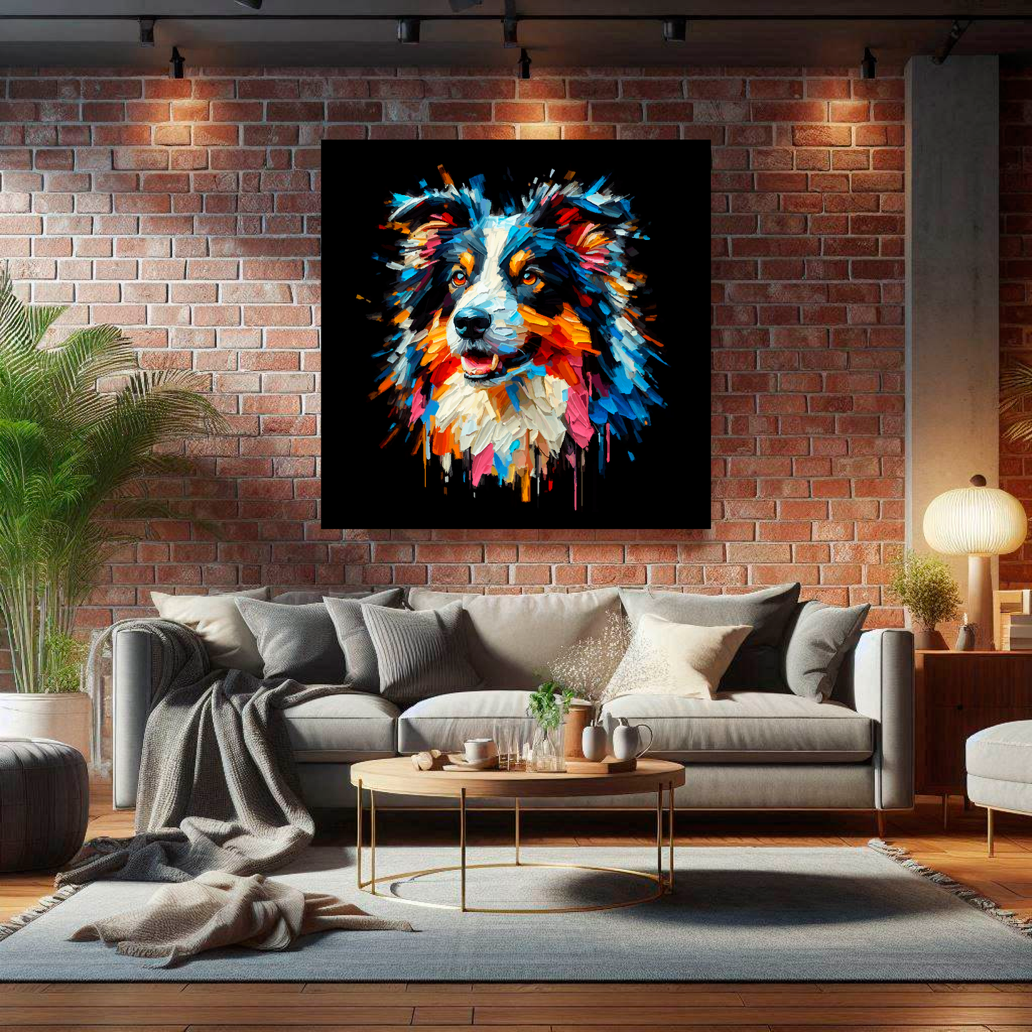Large canvas wall art - A vibrant multi-coloured head portrait of a Border Collie. Available in 3 large sizes.