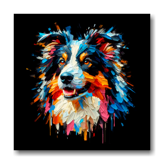 Large canvas wall art - A vibrant multi-coloured head portrait of a Border Collie. Available in 3 large sizes.