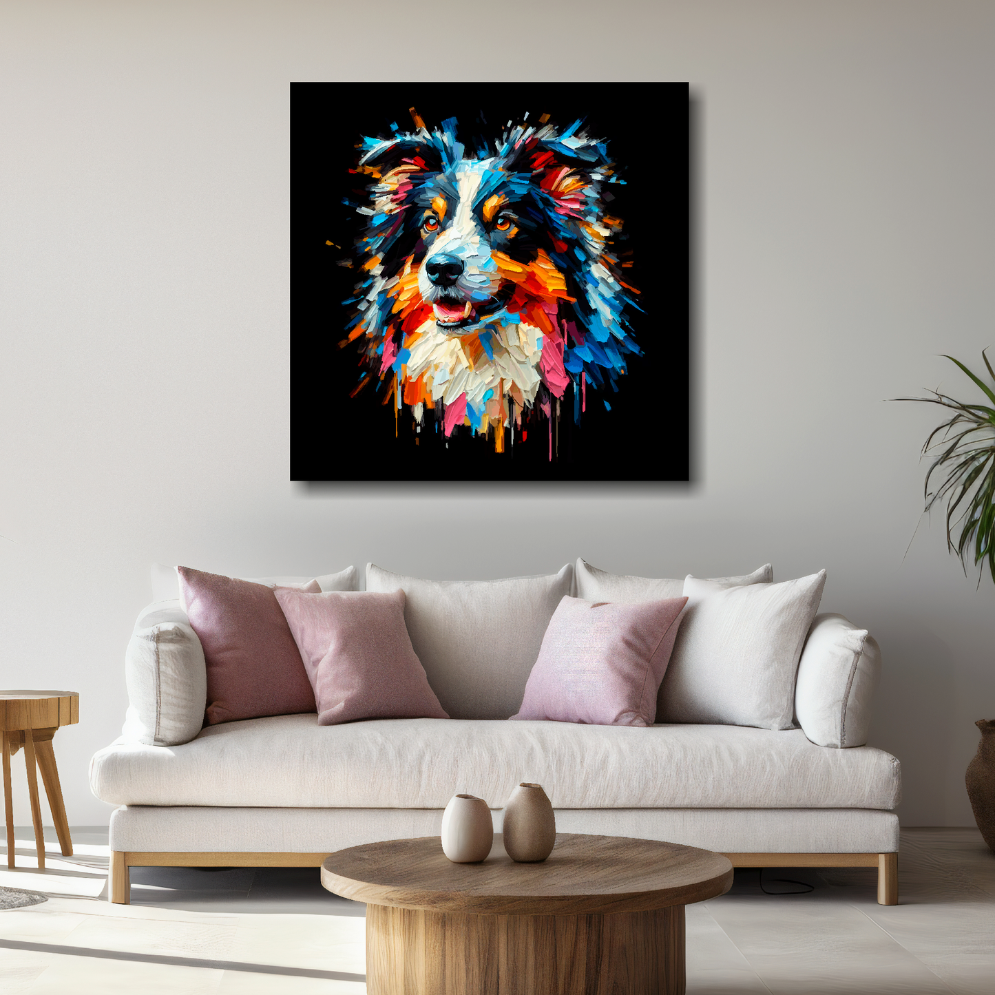 Large canvas wall art - A vibrant multi-coloured head portrait of a Border Collie. Available in 3 large sizes.