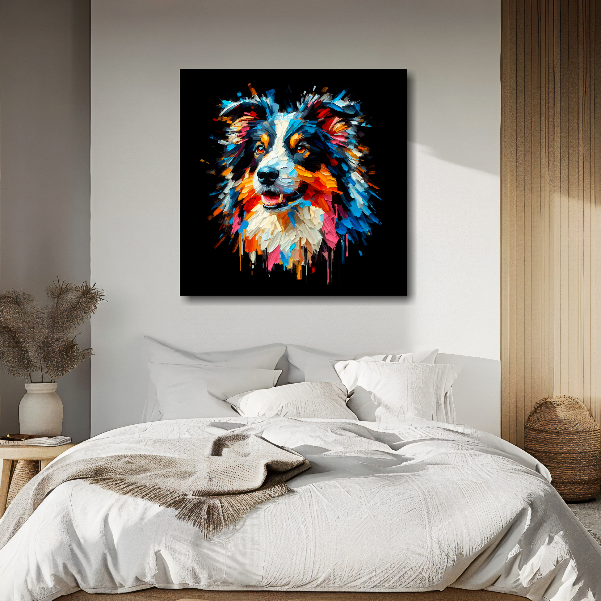 Large canvas wall art - A vibrant multi-coloured head portrait of a Border Collie. Available in 3 large sizes.