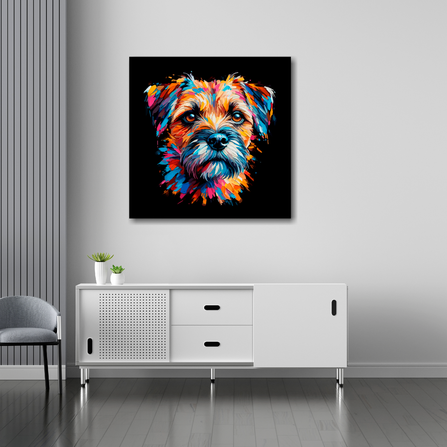 30 inch by 30 inch square canvas of a colourful Border Terrier head portrait on a black background. Mounted on a white wall above a white sideboard.