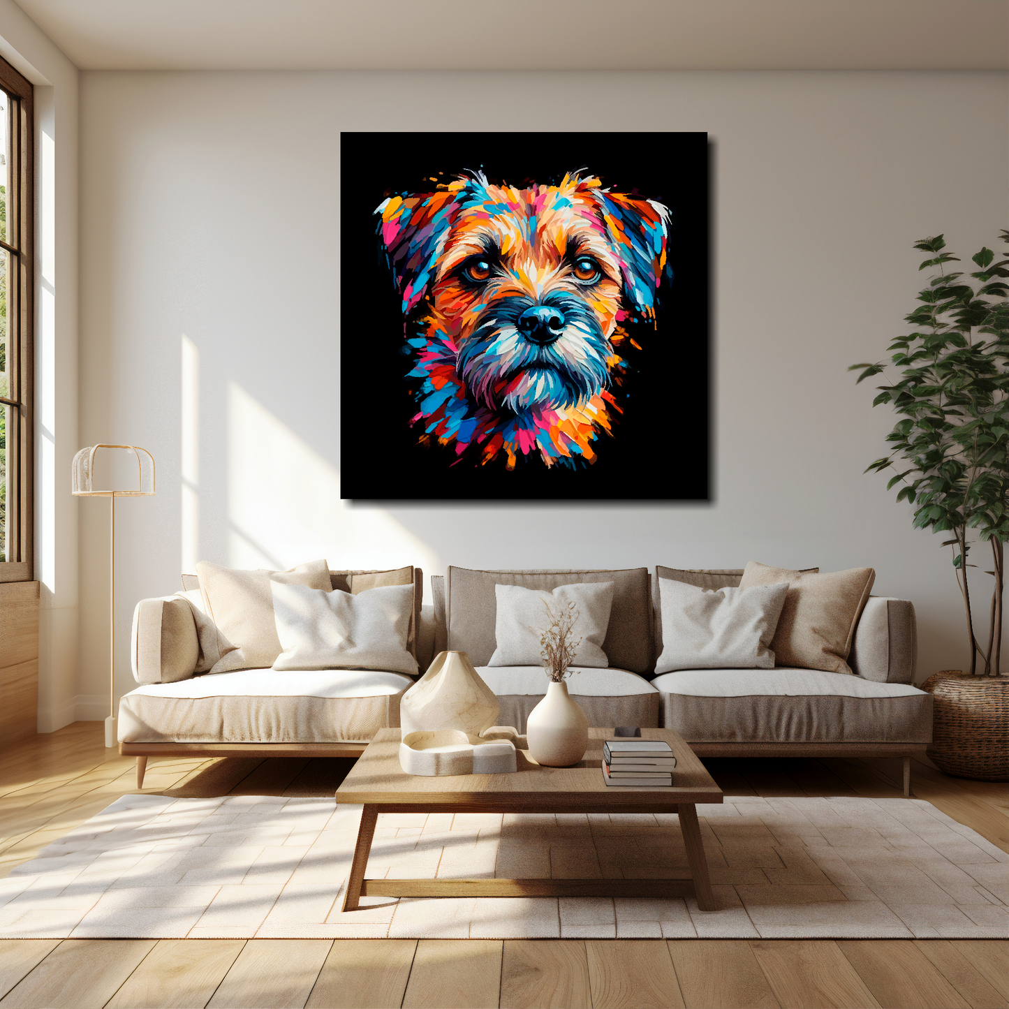 40 inch by 40 inch square canvas of a colourful Border Terrier head portrait on a black background. Mounted on a white wall above a cream sofa with decorative pillows.