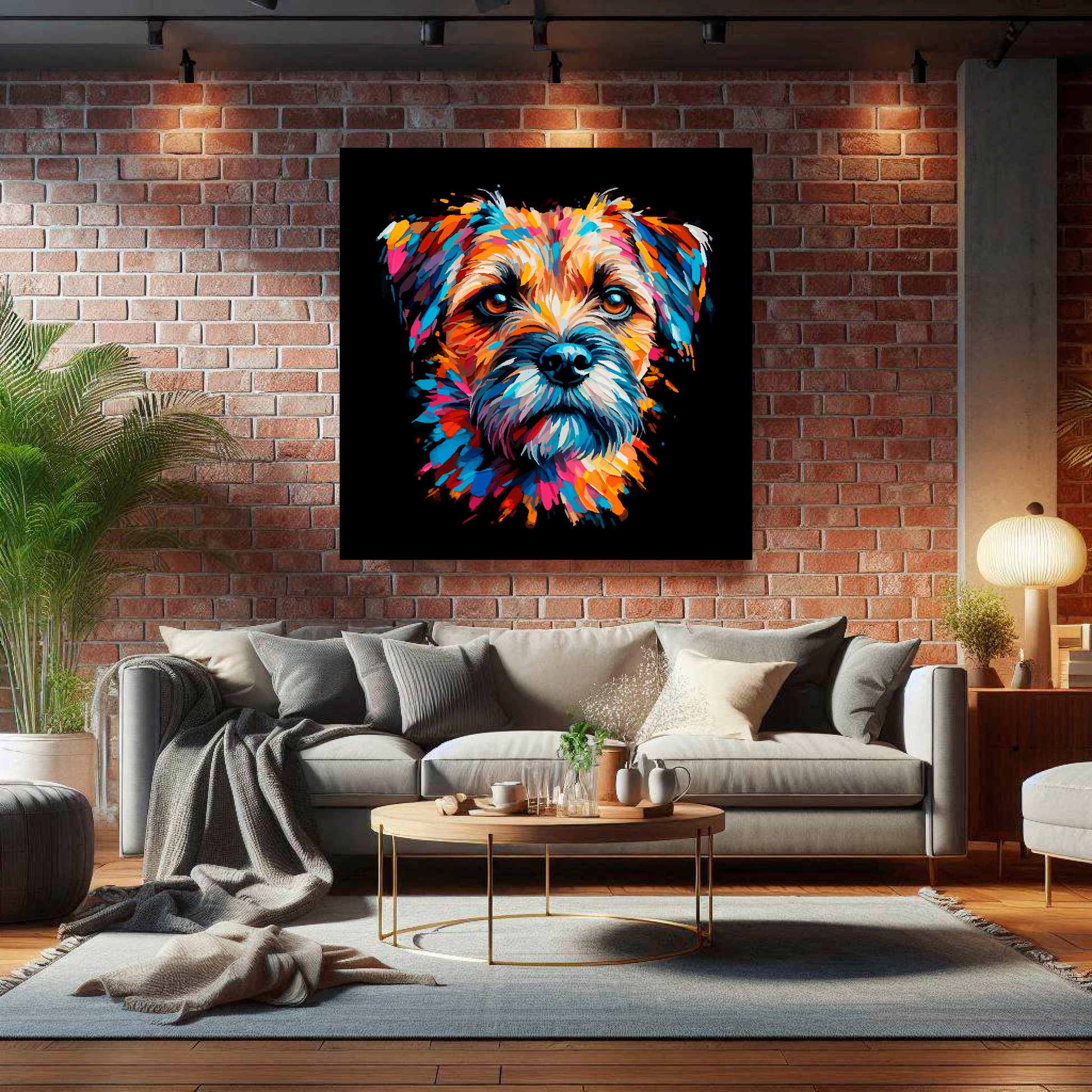 Large canvas wall art - A vibrant multi-coloured head portrait of a Border Terrier. Available in 3 large sizes.