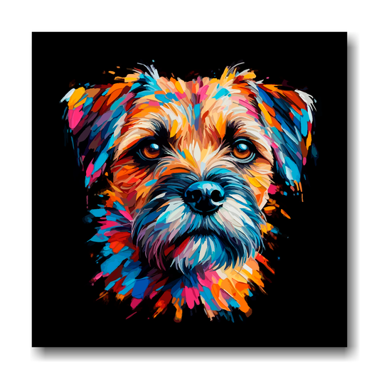 Large canvas wall art - A vibrant multi-coloured head portrait of a Border Terrier. Available in 3 large sizes.