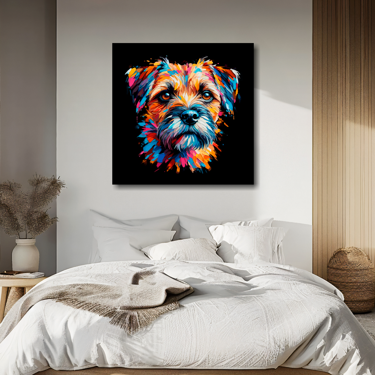 Large canvas wall art - A vibrant multi-coloured head portrait of a Border Terrier. Available in 3 large sizes.