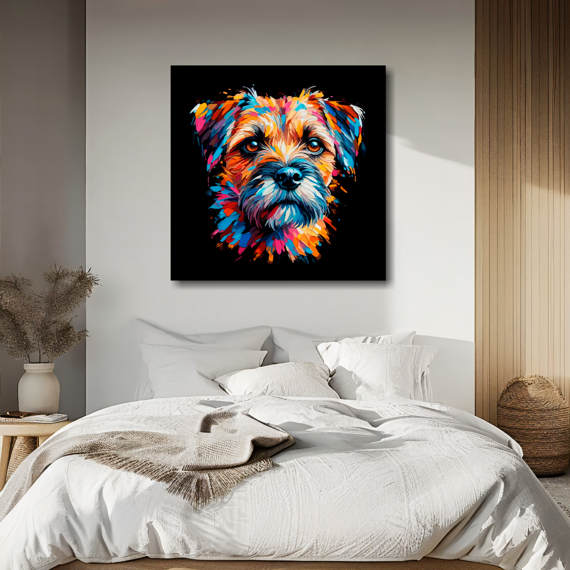 Large canvas wall art - A vibrant multi-coloured head portrait of a Border Terrier. Available in 3 large sizes.