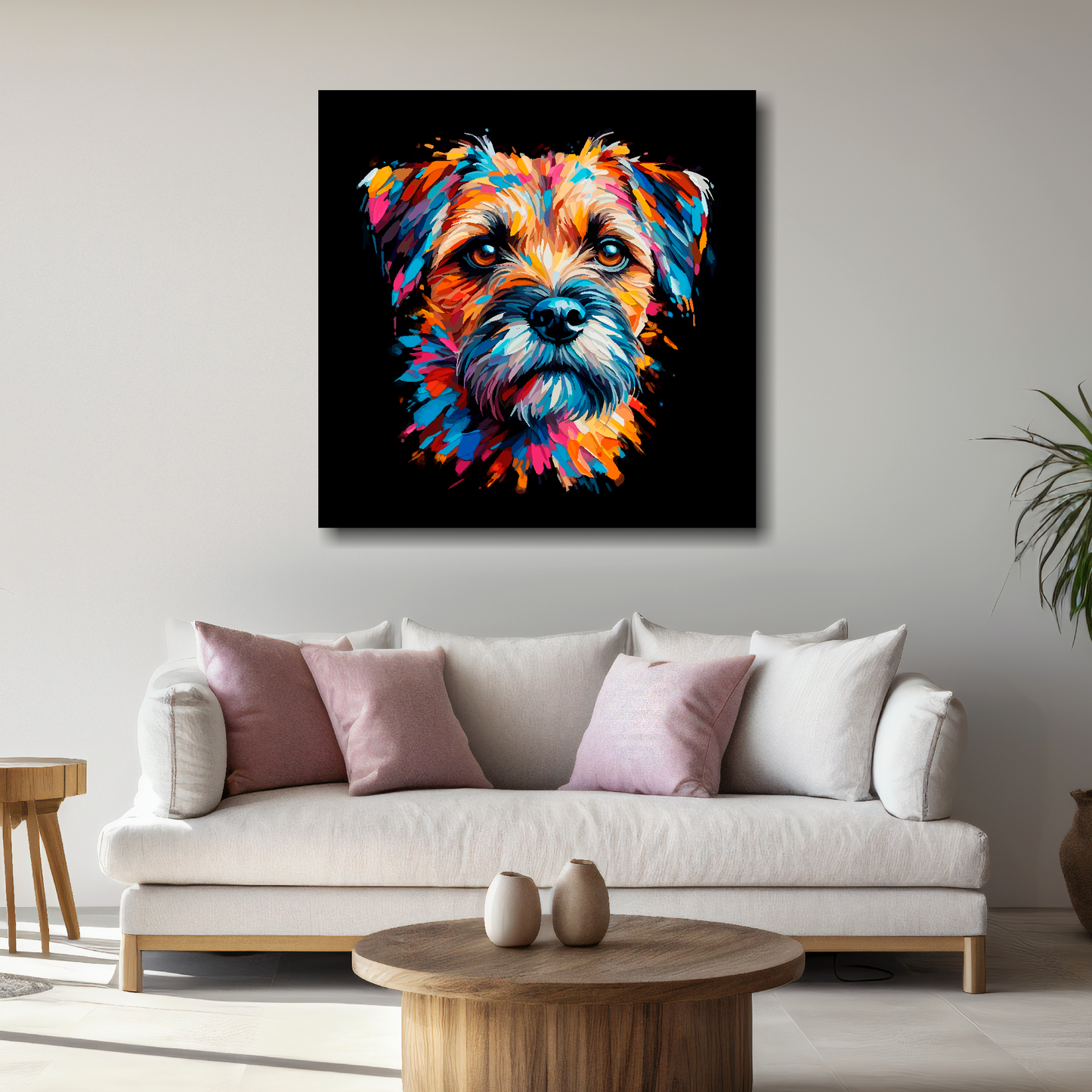 Large canvas wall art - A vibrant multi-coloured head portrait of a Border Terrier. Available in 3 large sizes.