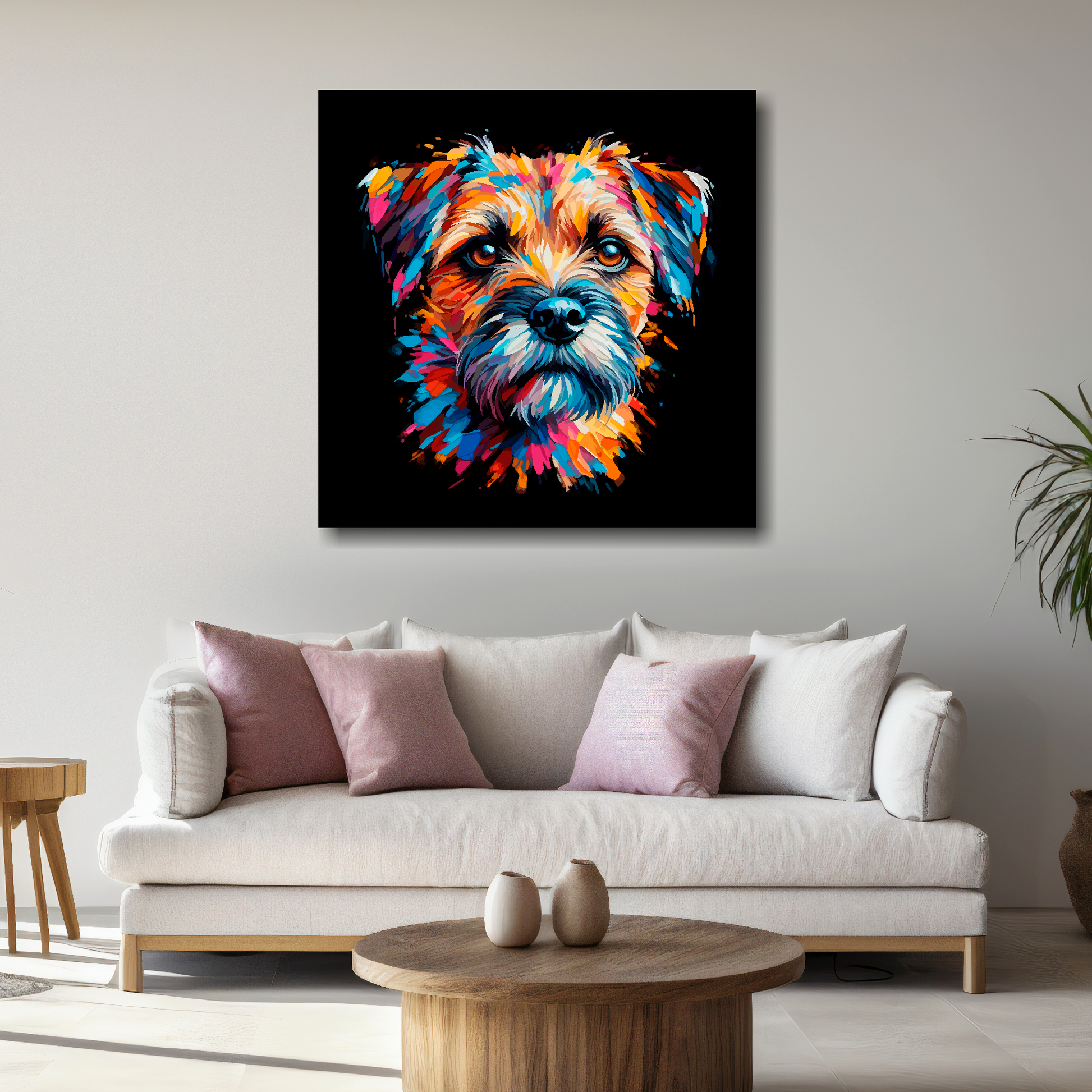 Large canvas wall art - A vibrant multi-coloured head portrait of a Border Terrier. Available in 3 large sizes.