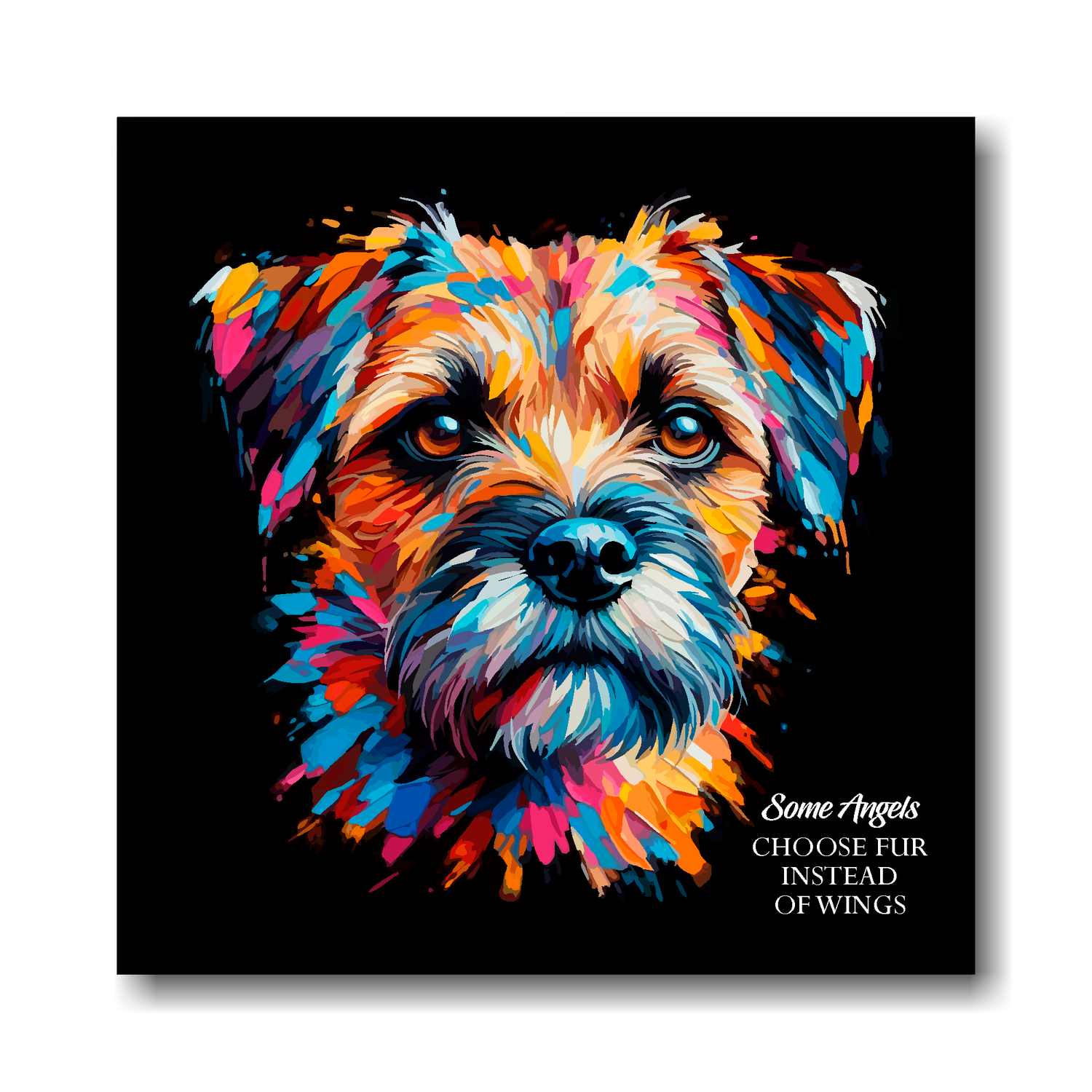 Colourful abstract painting of a Border Terrier dog's face with text on a black background.