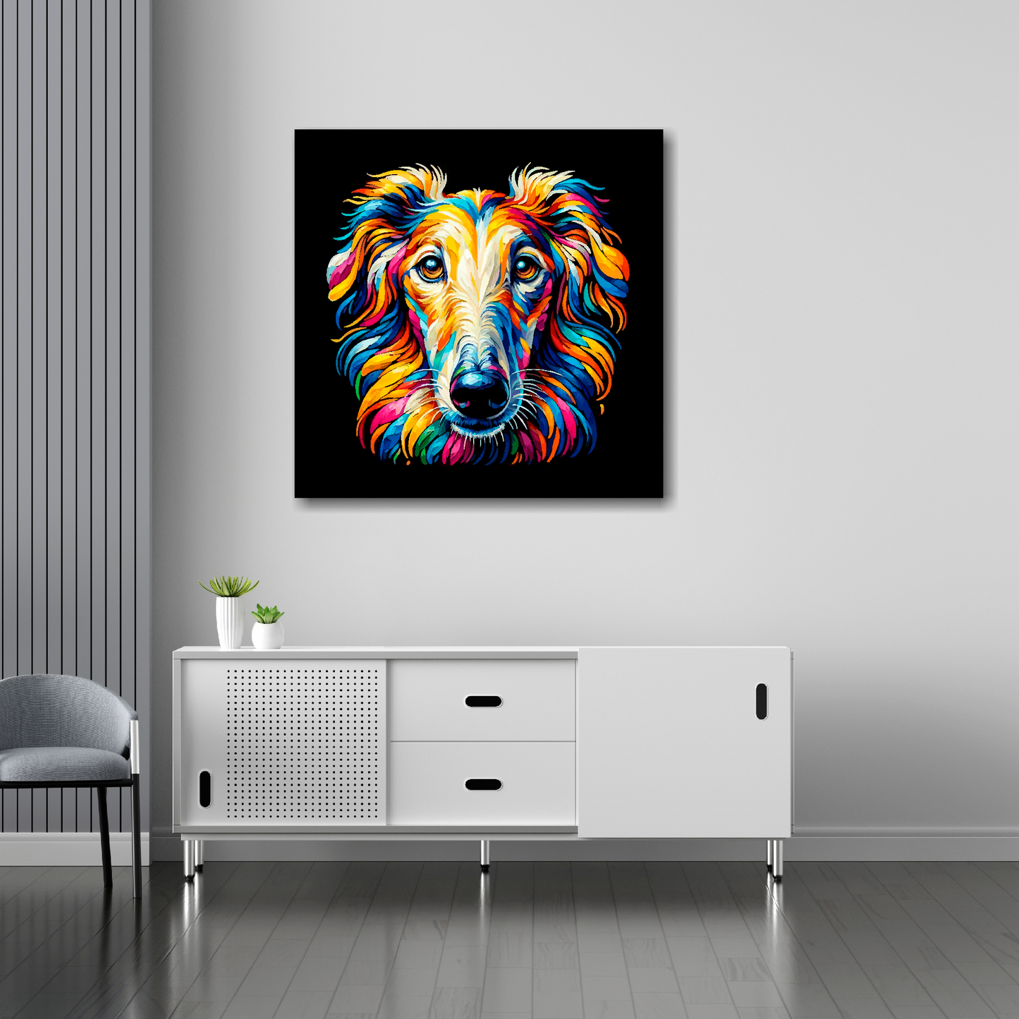 30 inch by 30 inch square canvas of a colourful Borzoi dog head portrait on a black background. Mounted on a white wall above a white sideboard.