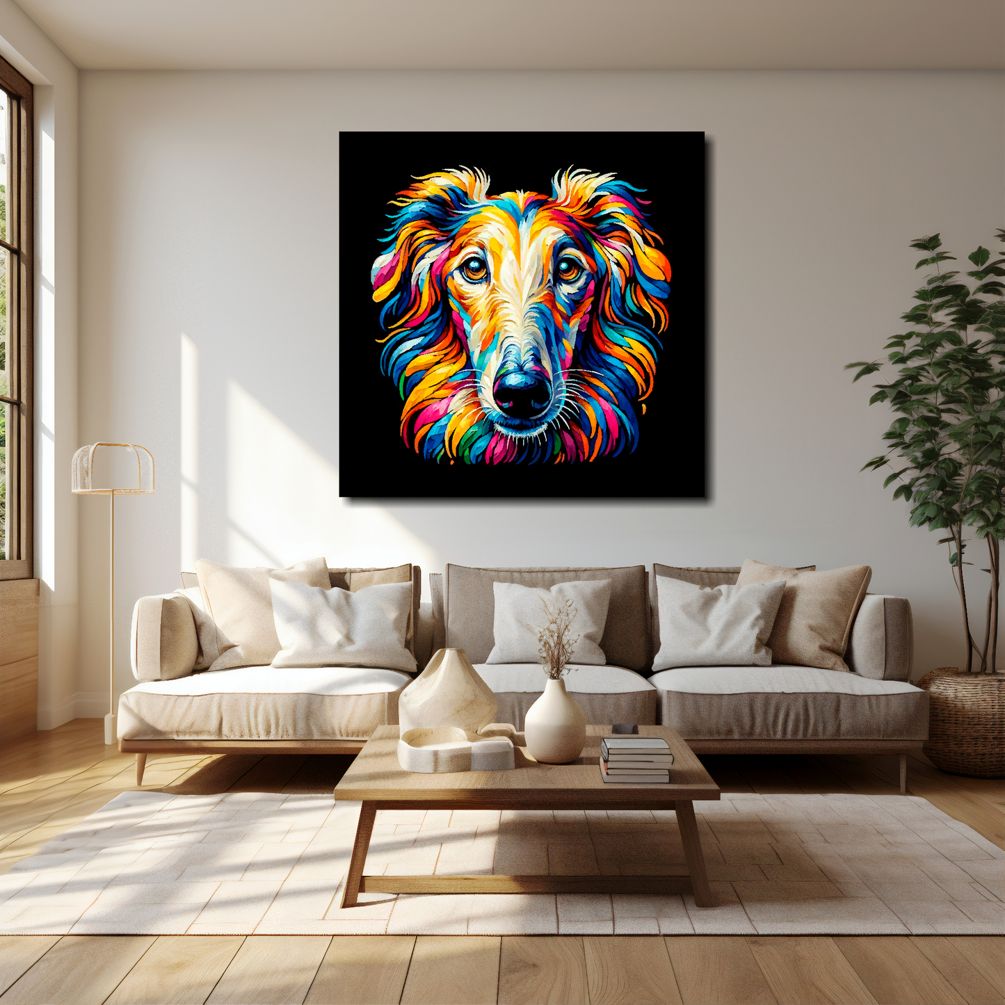 40 inch by 40 inch square canvas of a colourful Borzoi dog head portrait on a black background. Mounted on a white wall above a cream sofa with decorative pillows.