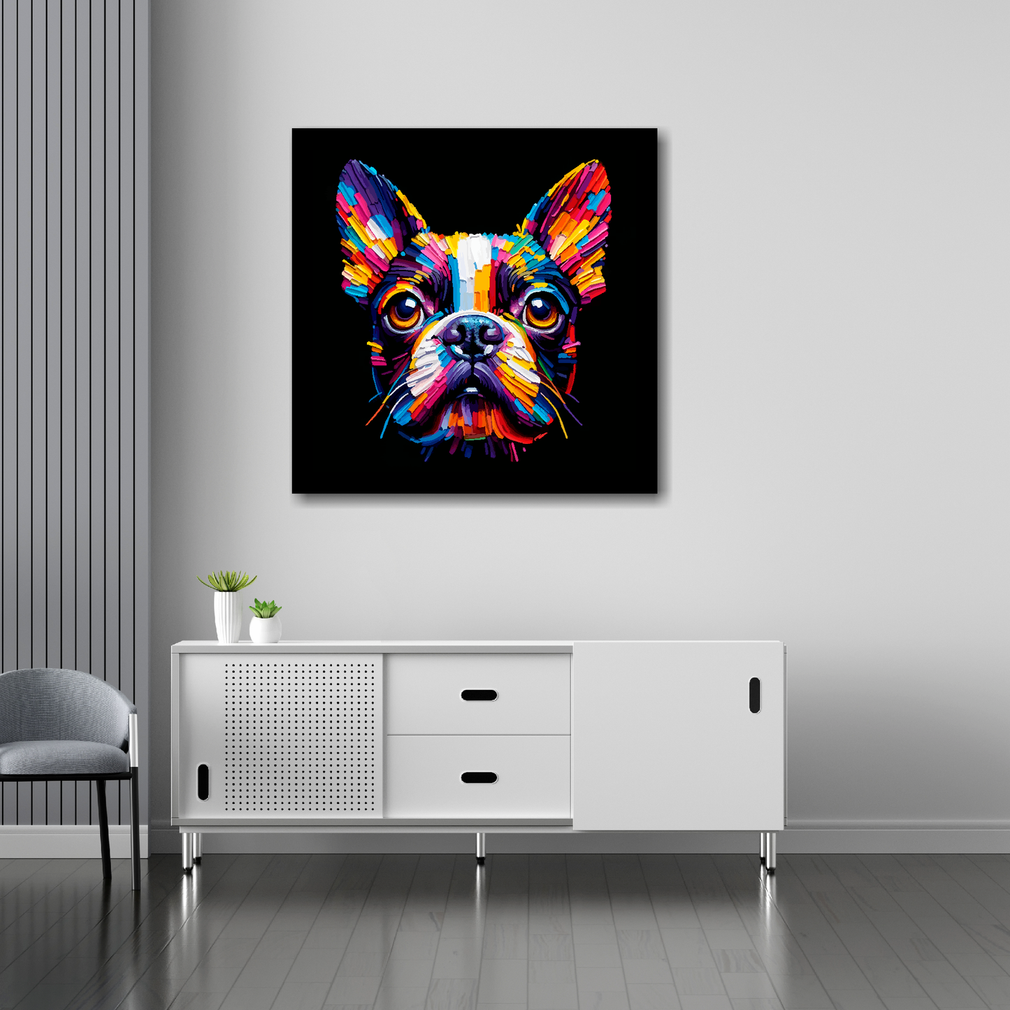 30 inch by 30 inch square canvas of a colourful Boston Terrier dog head portrait on a black background. Mounted on a white wall above a white sideboard.