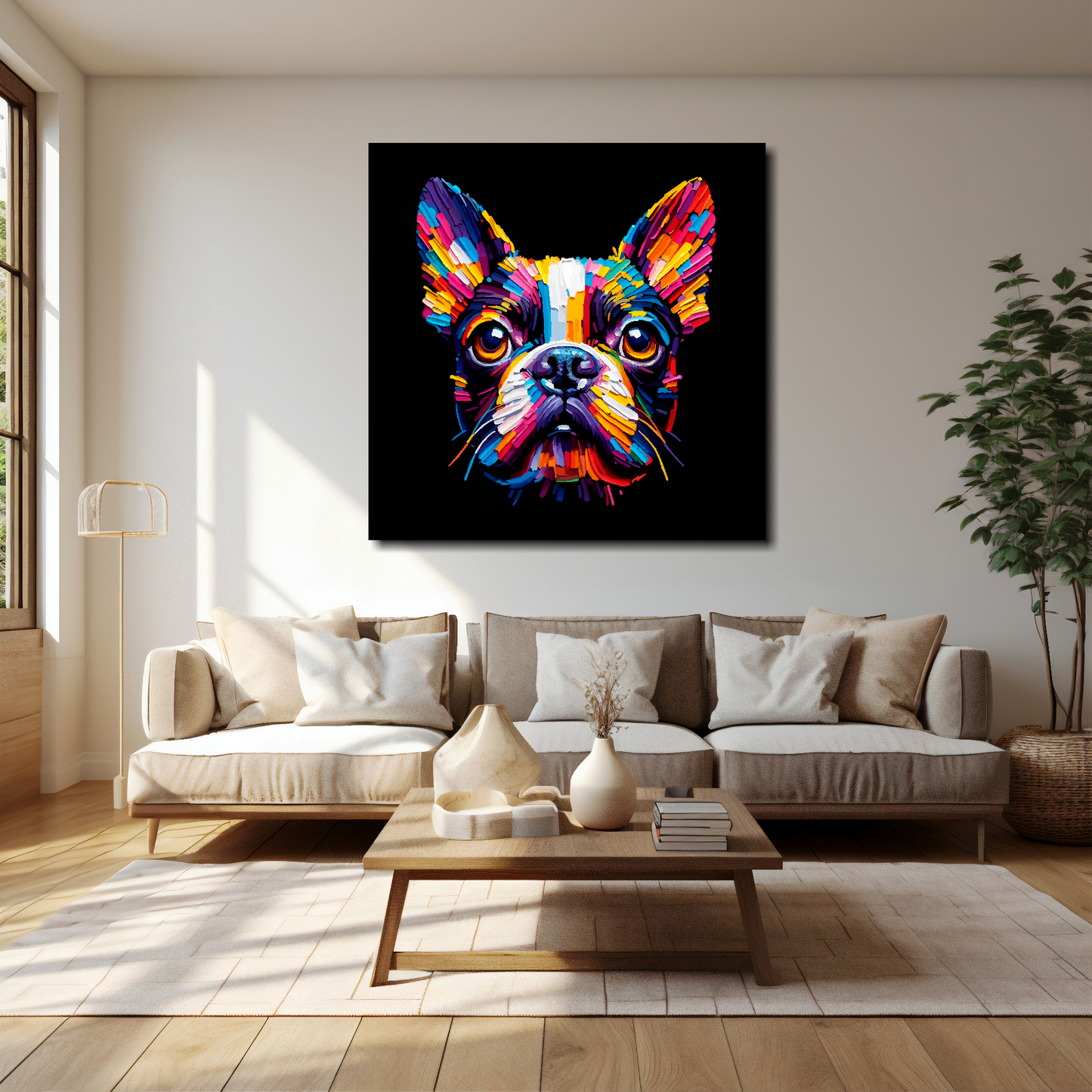 40 inch by 40 inch square canvas of a colourful Boston Terrier dog head portrait on a black background. Mounted on a white wall above a cream sofa with decorative pillows.