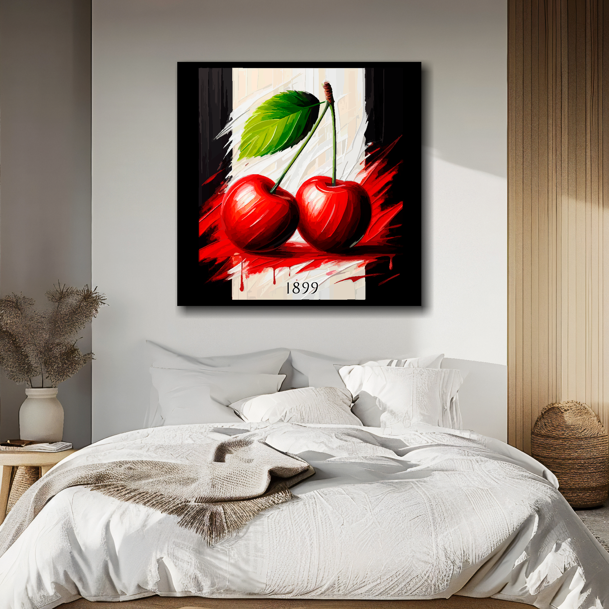 Bournemouth FC inspired canvas featuring two large red cherries on  black and white background. Mounted on a white bedroom wall above a double bed.