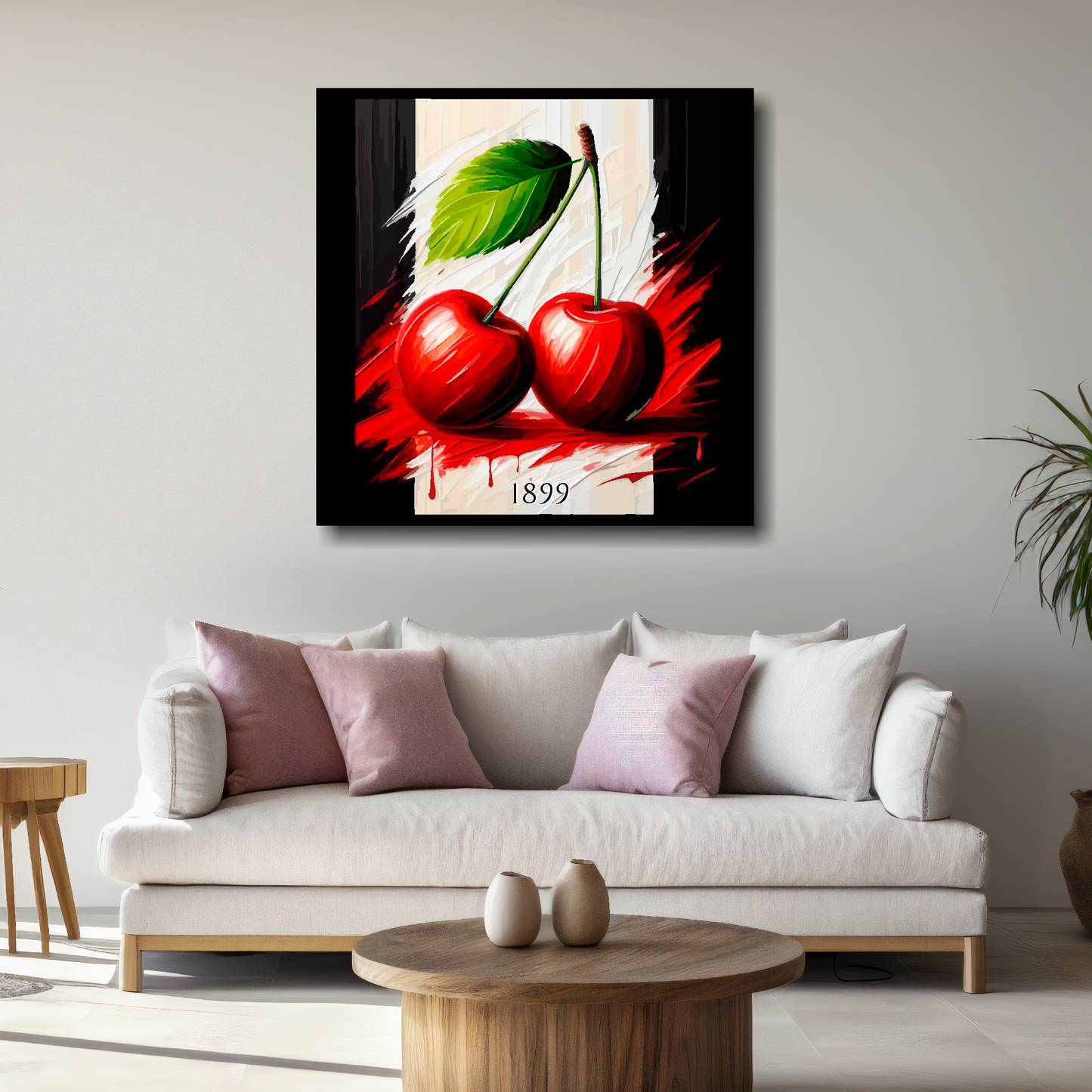 Bournemouth FC inspired canvas featuring two large red cherries on  black and white background. Mounted on a white wall above a sofa.