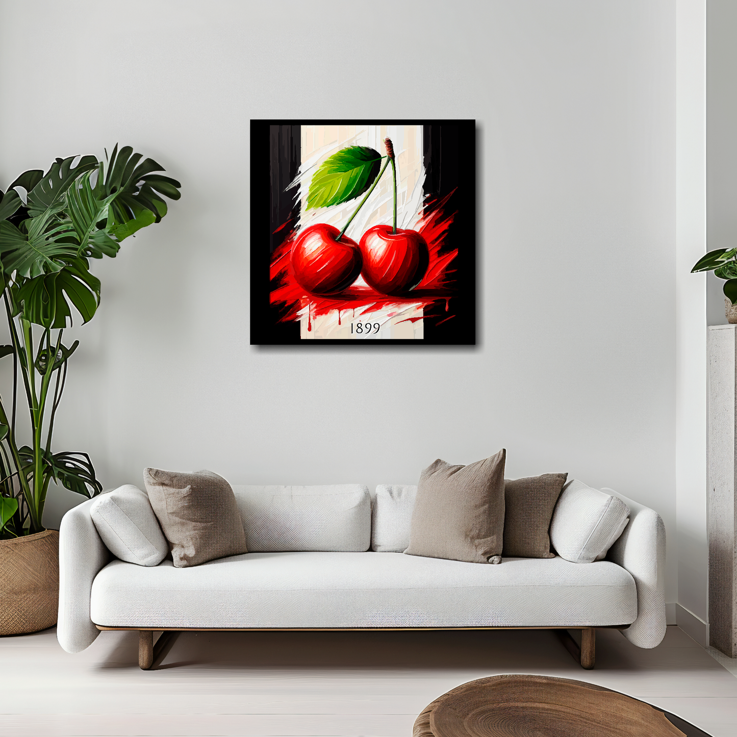 20 inch by 20 inch Bournemouth FC inspired canvas featuring two large red cherries on  black and white background. Mounted on a white wall above a white sofa.