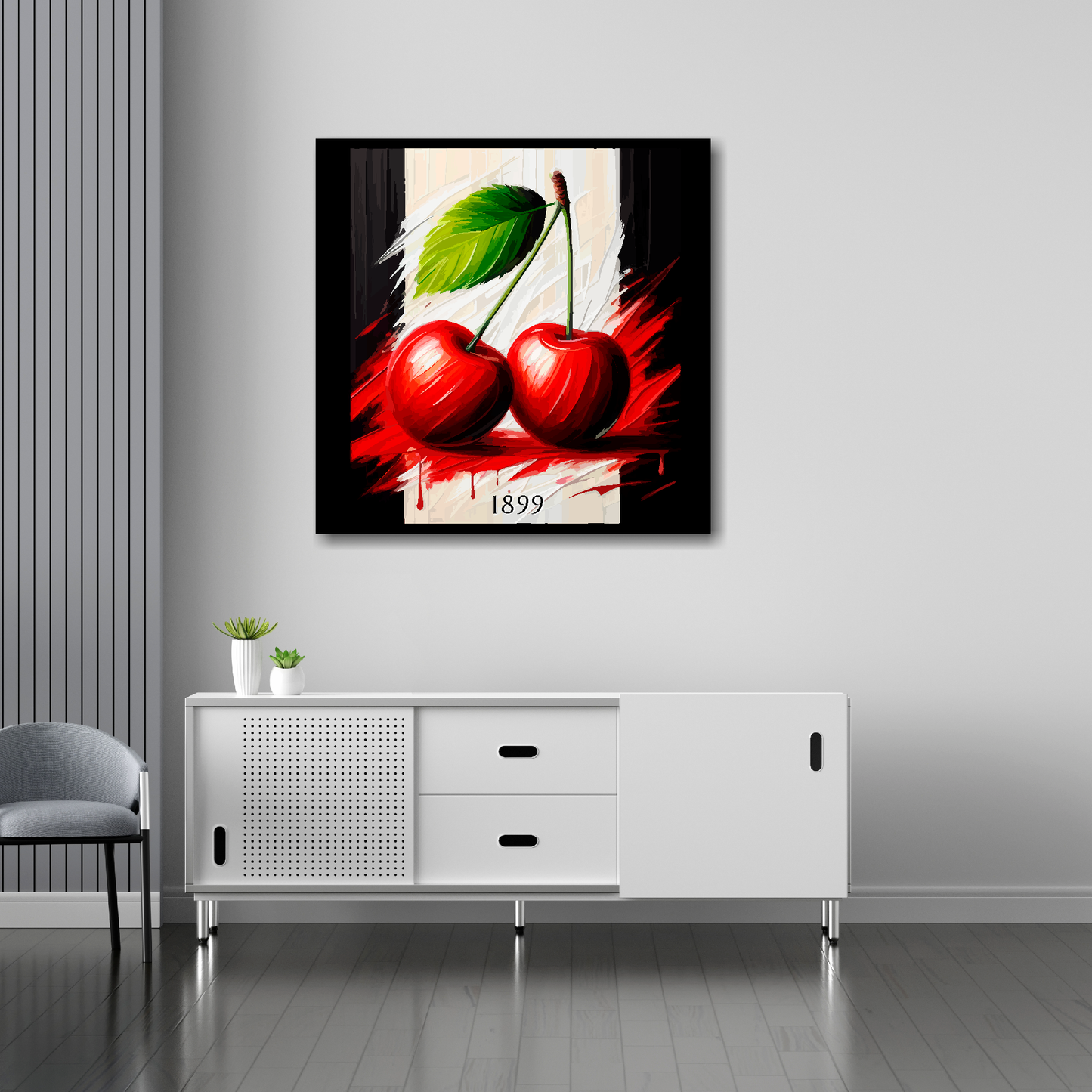30 inch by 30 inch Bournemouth FC inspired canvas featuring two large red cherries on  black and white background. Mounted on a white wall above a white sideboard.