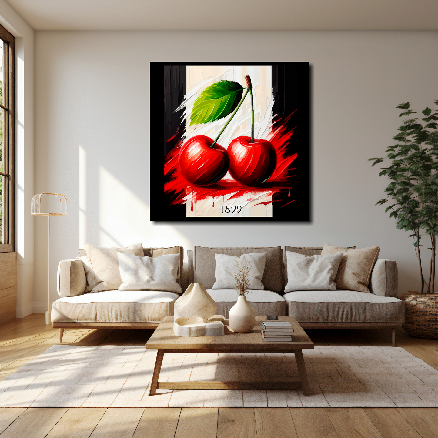 40 inch by 40 inch Bournemouth FC inspired canvas featuring two large red cherries on  black and white background. Mounted on a white wall above a cream sofa.