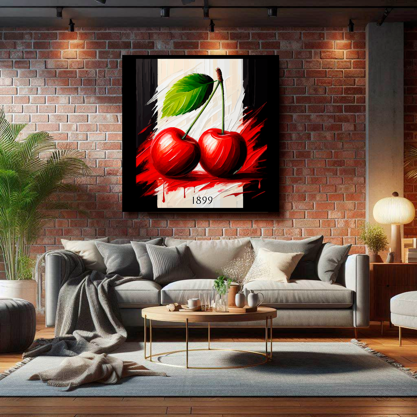 Bournemouth FC inspired canvas featuring two large red cherries on  black and white background. Mounted on a lounge brick wall.