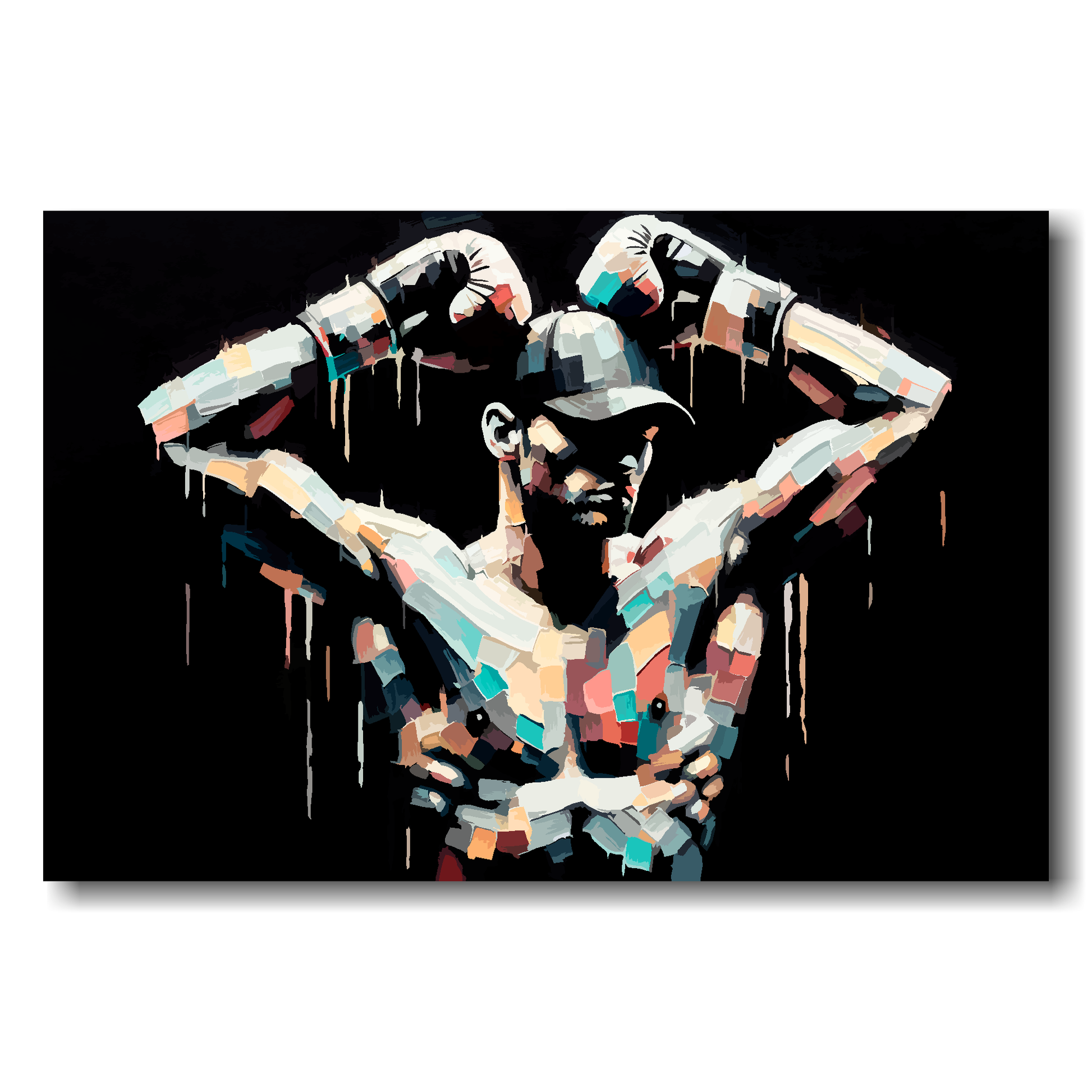 Canvas print - colourful abstract of a boxer, arms raised on a black background.