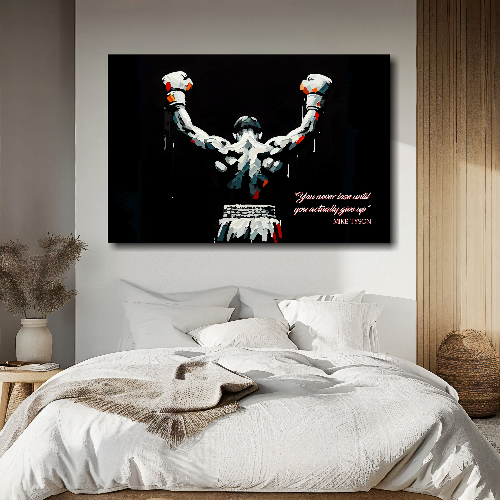 Bedroom with a boxing-themed wall art print above the bed