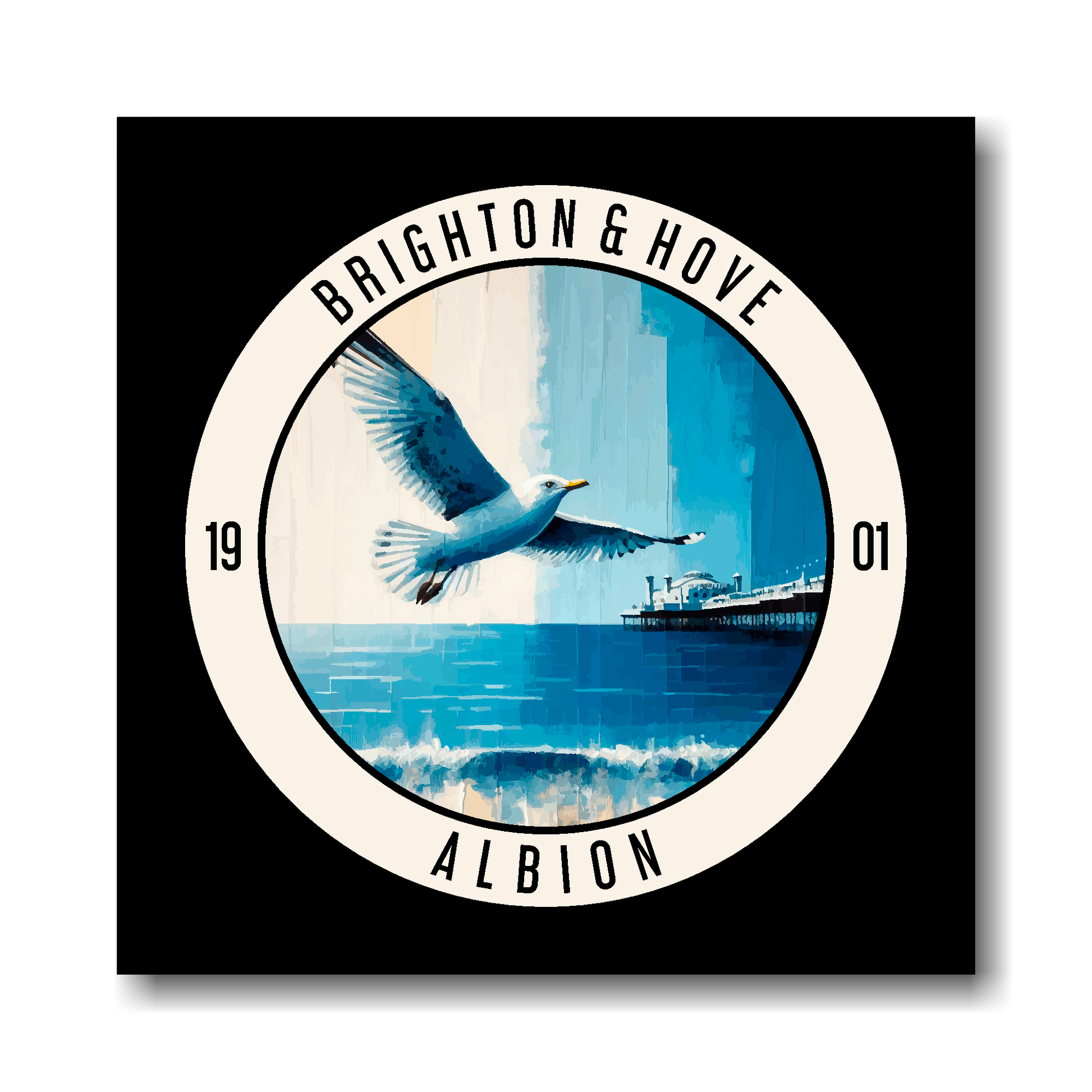 Brighton FC inspired canvas, featuring a large seagull, beach and pier on black background. 