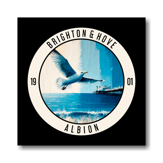 Brighton FC inspired canvas, featuring a large seagull, beach and pier on black background. 