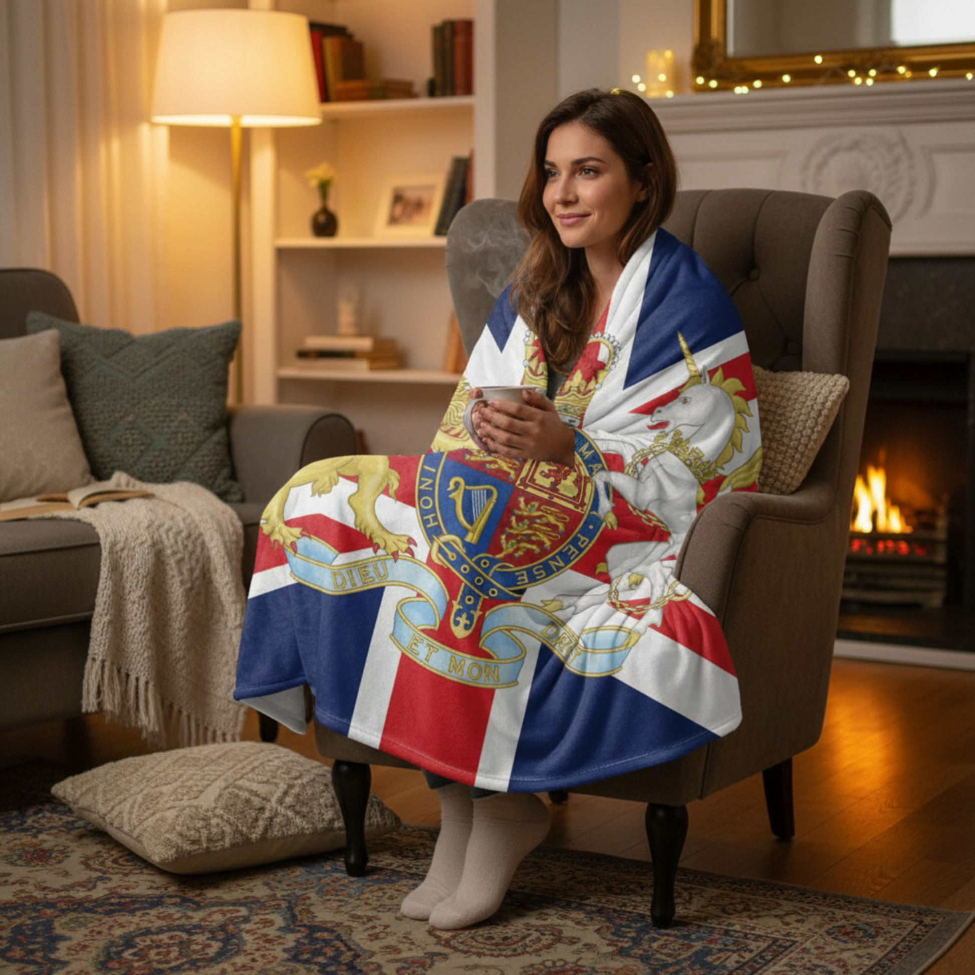 British fleece throw blanket with Royal Coat of Arms and Union Jack flag celebrating UK heritage