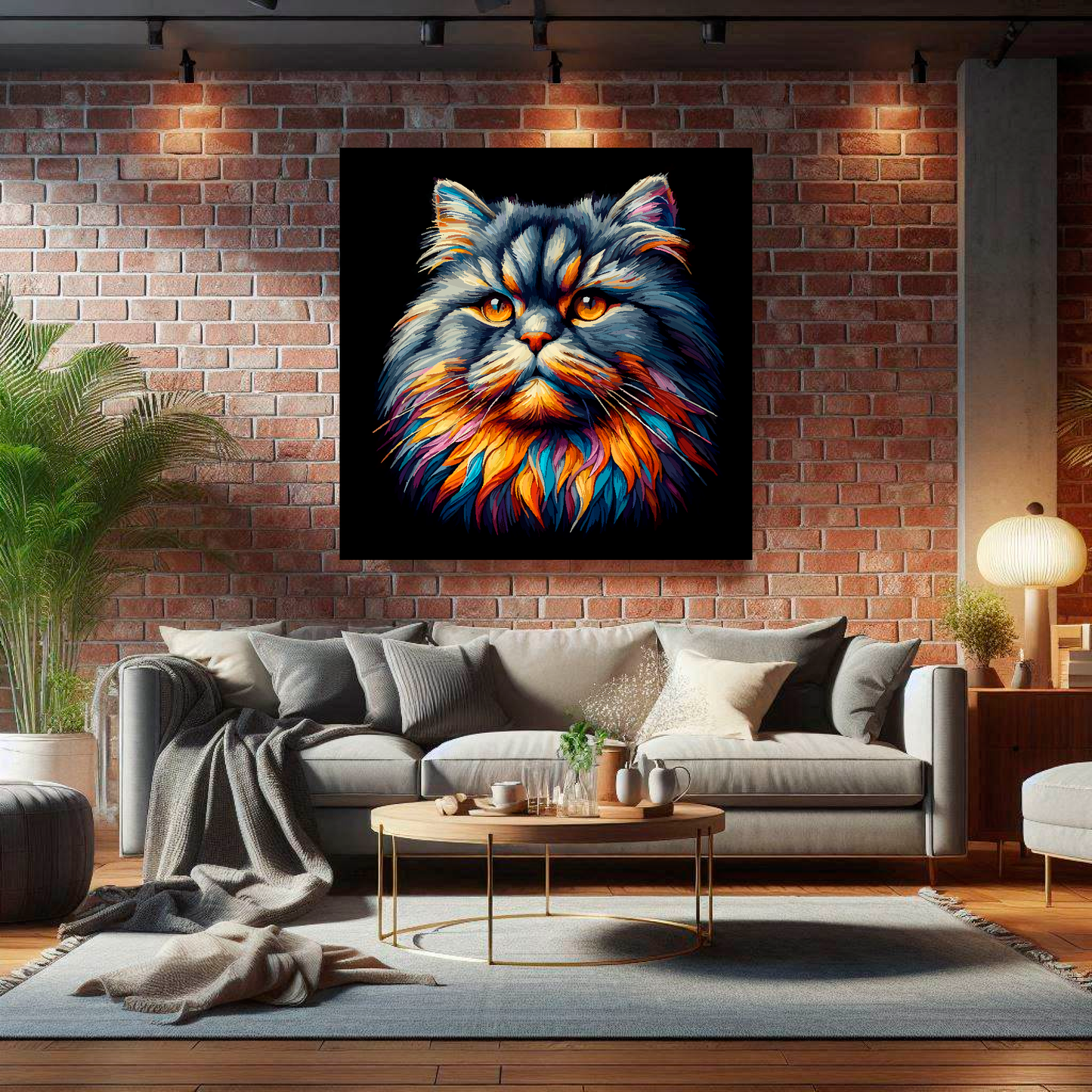 Large canvas wall art - A vibrant multi-coloured head portrait of a British Longhair Cat. Available in 3 large sizes.