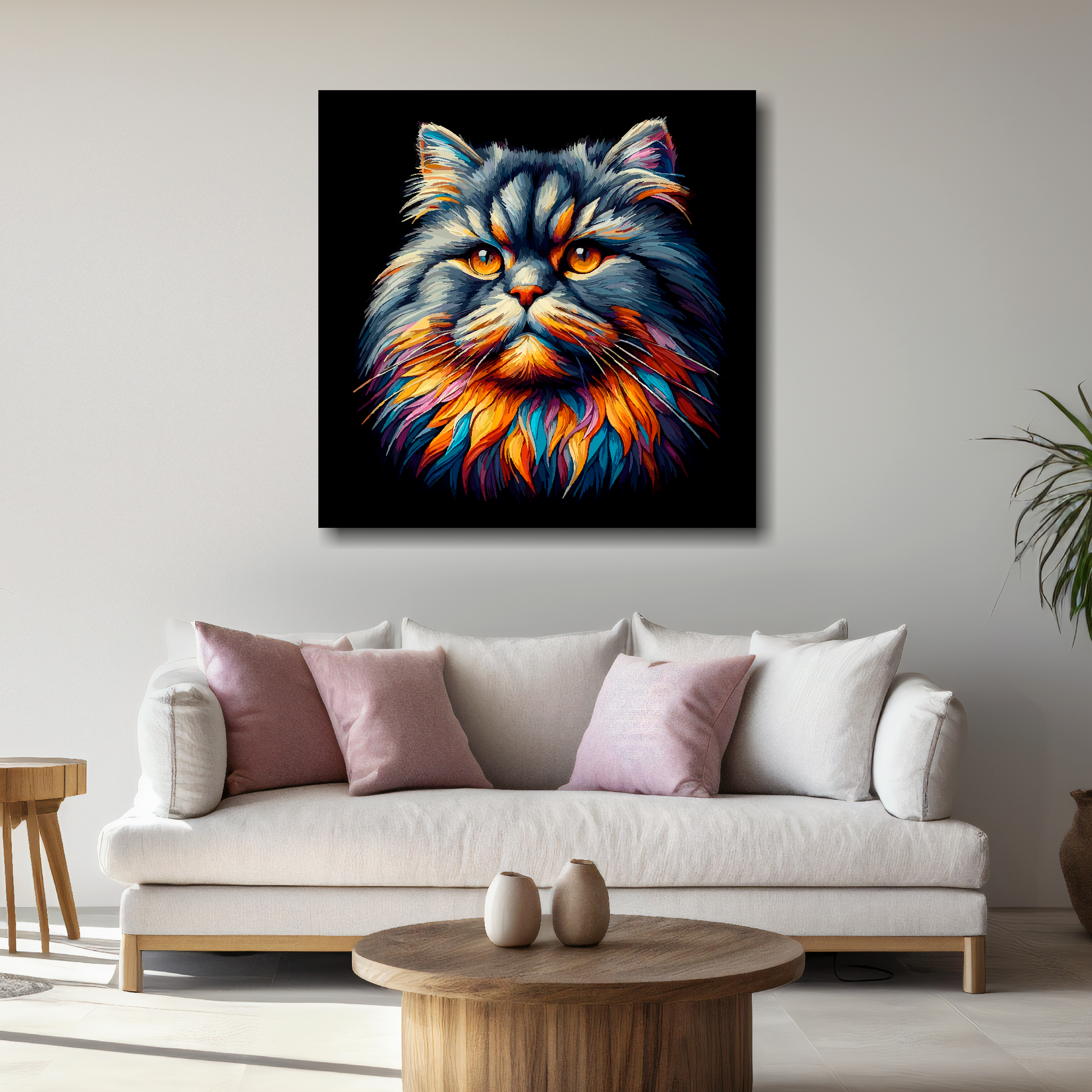 Large canvas wall art - A vibrant multi-coloured head portrait of a British Longhair Cat. Available in 3 large sizes.