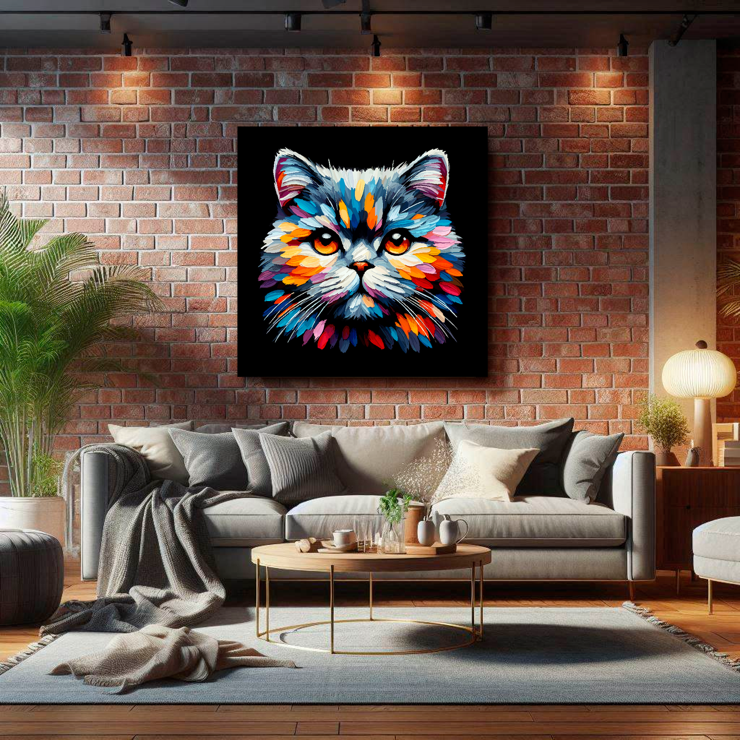 Large canvas wall art - A vibrant multi-coloured head portrait of a British Shorthair Cat. Available in 3 large sizes.