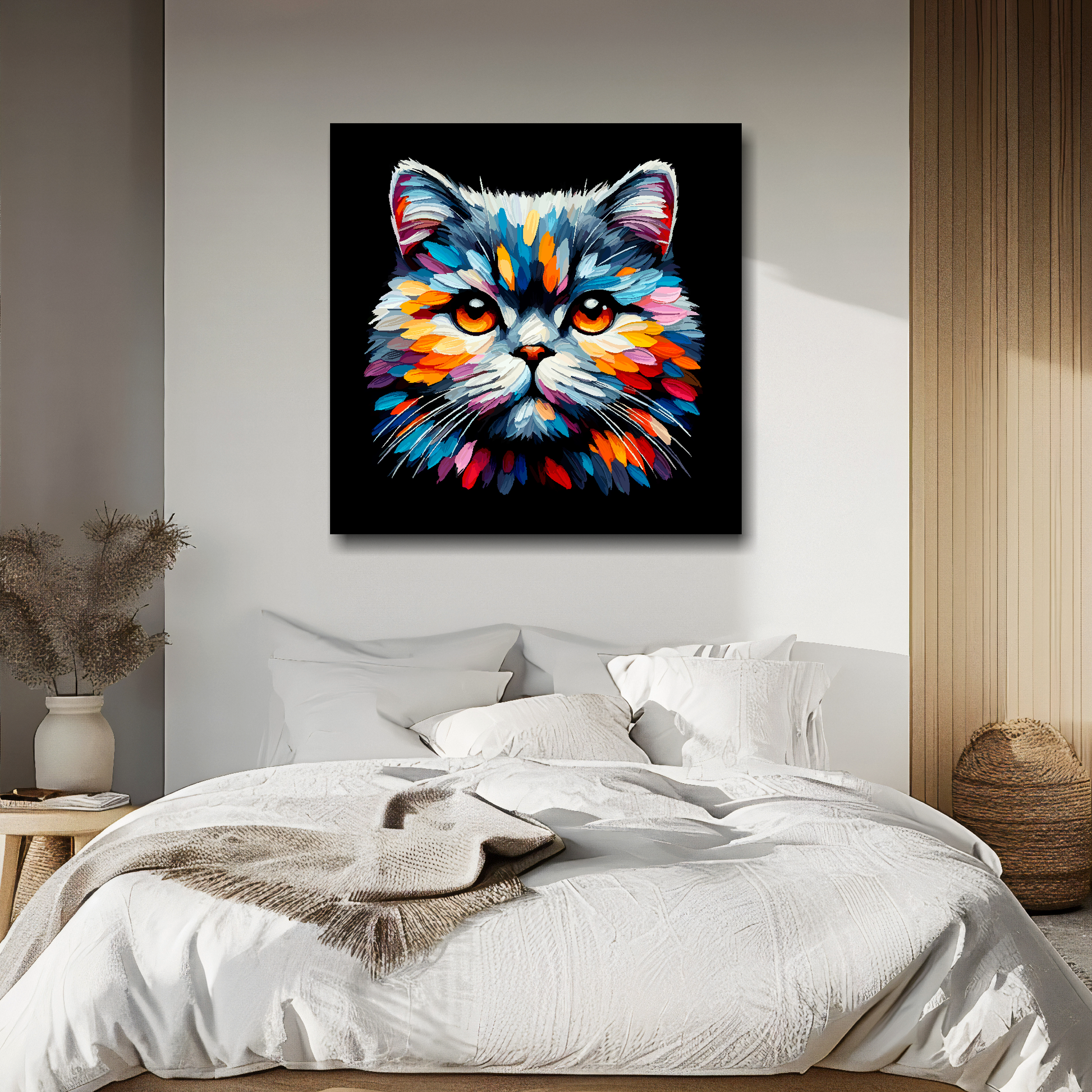 Large canvas wall art - A vibrant multi-coloured head portrait of a British Shorthair Cat. Available in 3 large sizes.