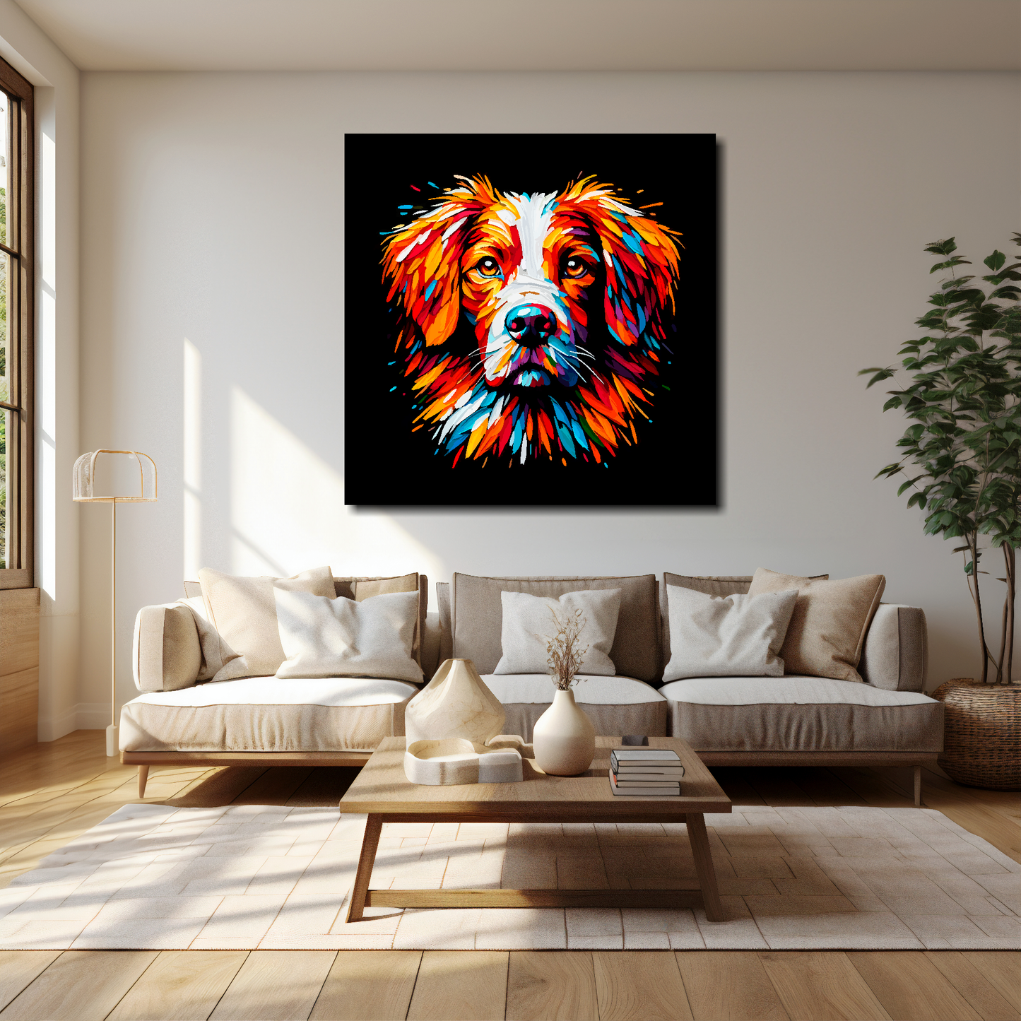 40 inch by 40 inch square canvas of a colourful Brittany Spaniel dog head portrait on a black background. Mounted on a white wall above a cream sofa with decorative pillows.