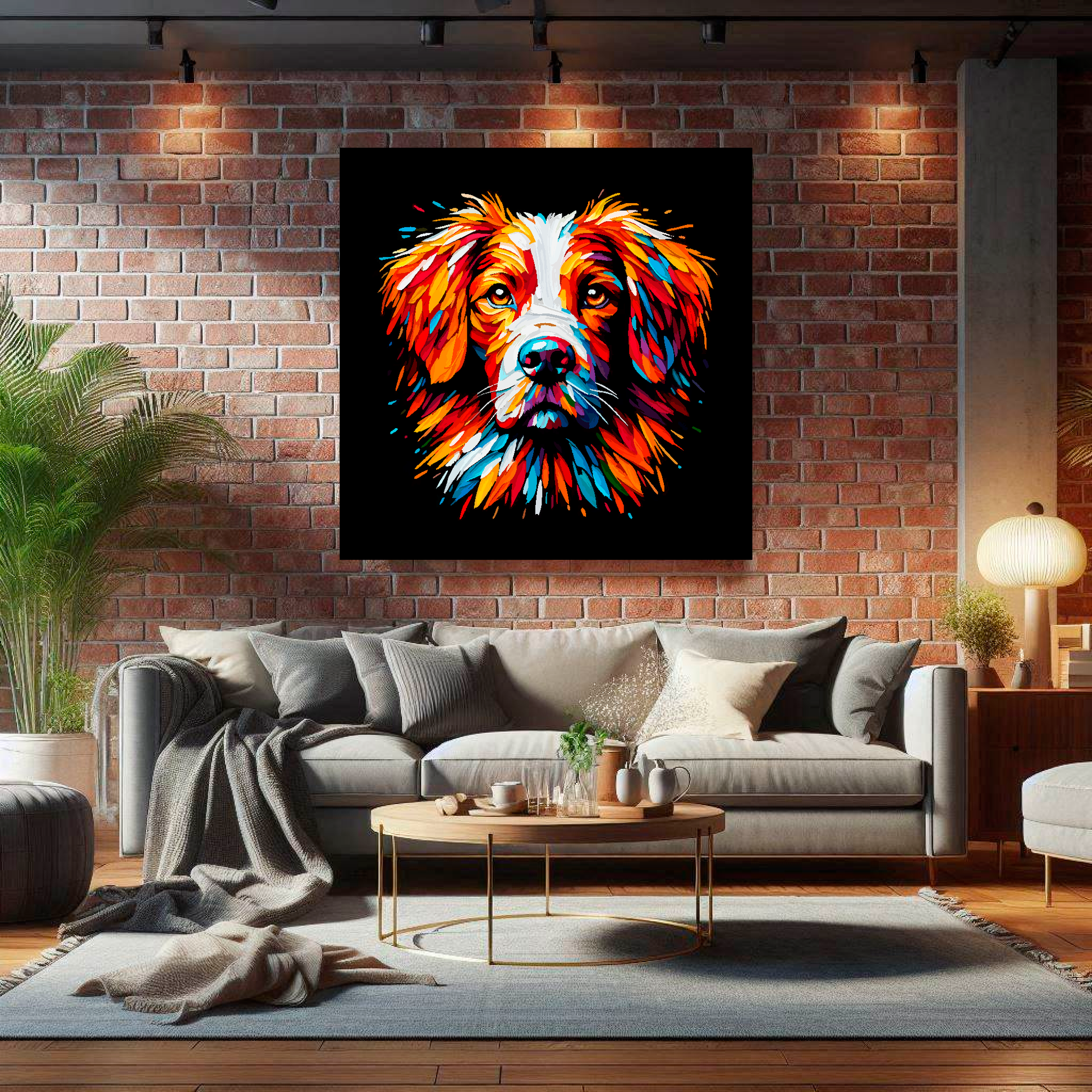 Large canvas wall art - A vibrant multi-coloured head portrait of a Brittany Spaniel. Available in 3 large sizes.