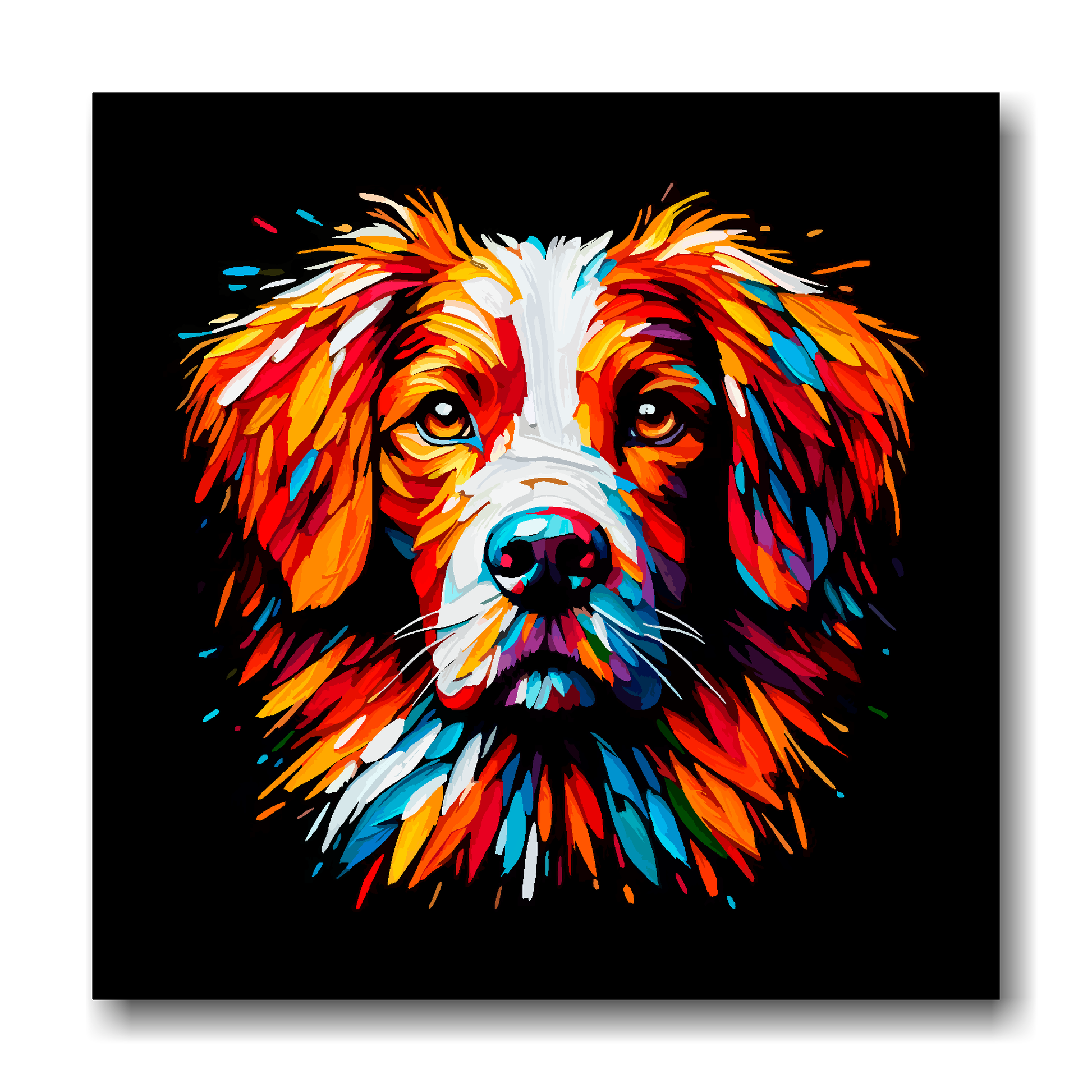 Large canvas wall art - A vibrant multi-coloured head portrait of a Brittany Spaniel. Available in 3 large sizes.