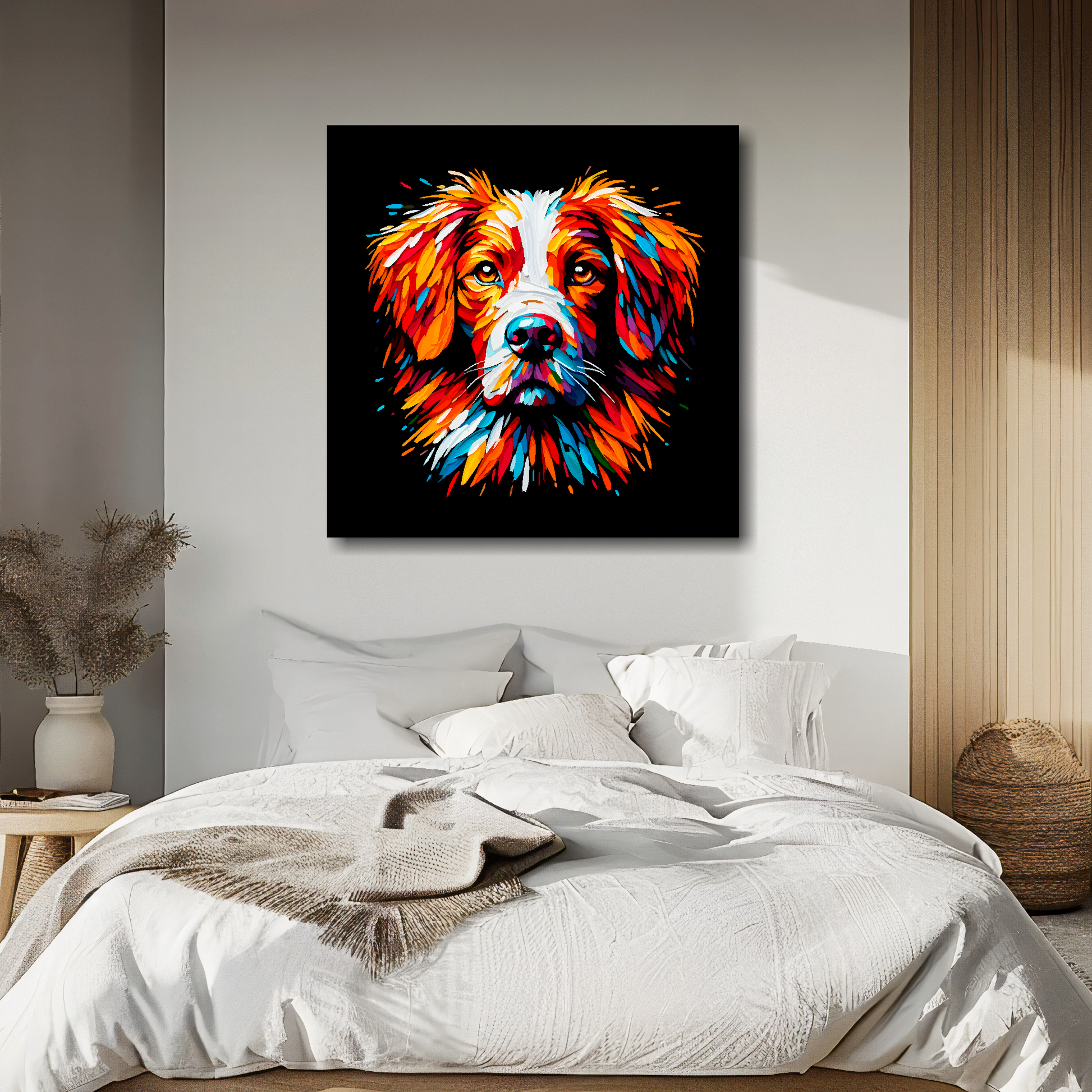 Large canvas wall art - A vibrant multi-coloured head portrait of a Brittany Spaniel. Available in 3 large sizes.