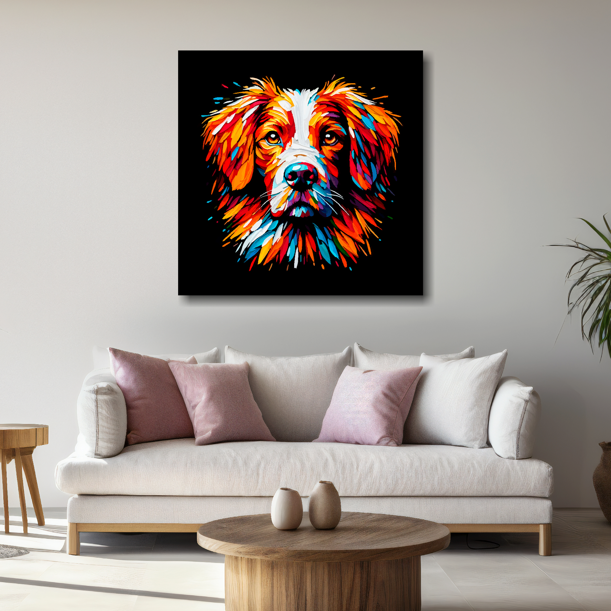 Large canvas wall art - A vibrant multi-coloured head portrait of a Brittany Spaniel. Available in 3 large sizes.