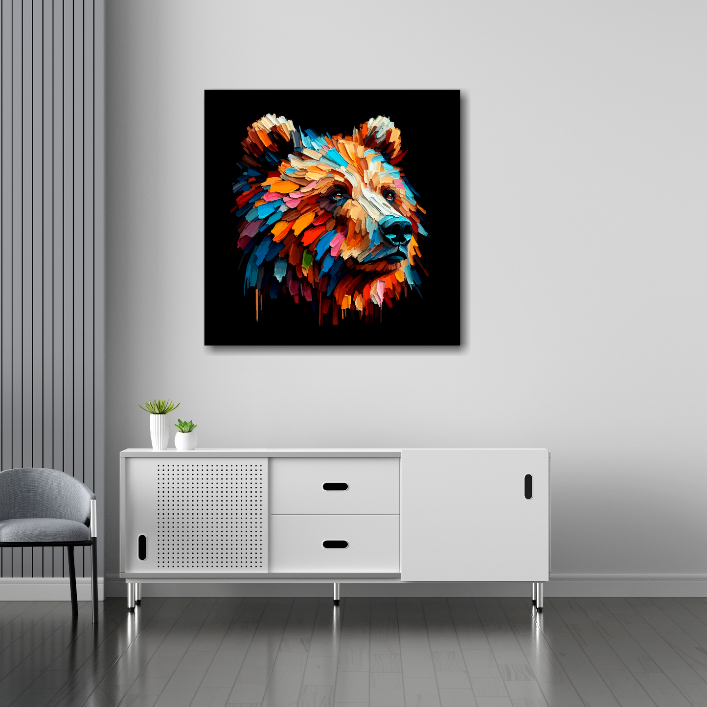 30 inch by 30 inch square canvas of a colourful Brown Bear portrait on a black background. Mounted on a white wall above a white sideboard.