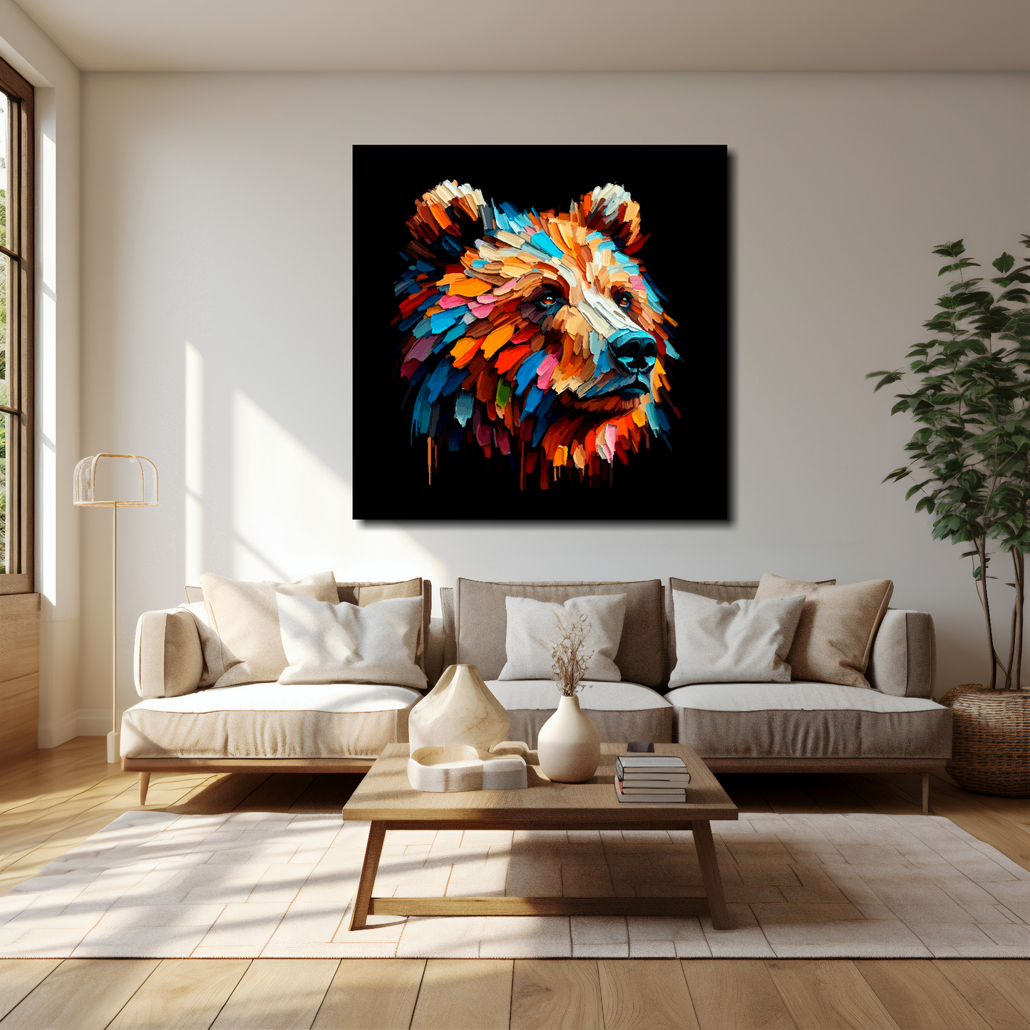 40 inch by 40 inch square canvas of a colourful Brown Bear portrait on a black background. Mounted on a white wall above a cream sofa with decorative pillows.