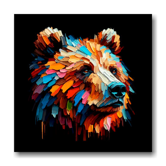Large canvas wall art - A vibrant multi-coloured head portrait of a Brown Bear. Available in 3 large sizes.