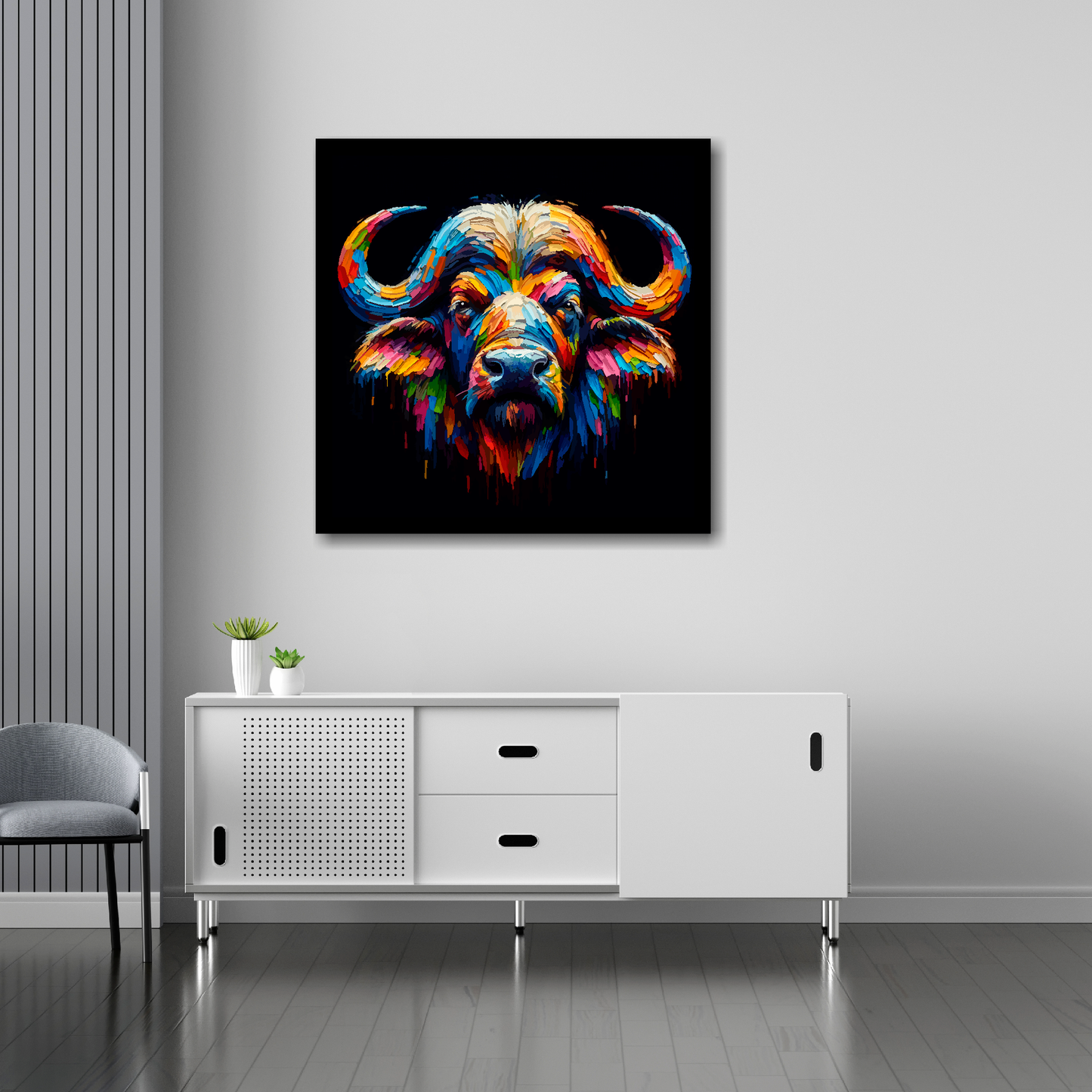 30 inch by 30 inch square canvas of a colourful Buffalo portrait on a black background. Mounted on a white wall above a white sideboard.