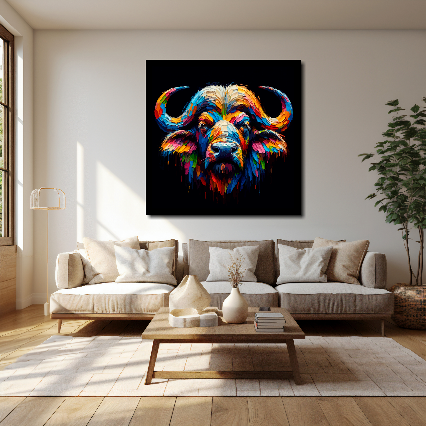 40 inch by 40 inch square canvas of a colourful Buffalo portrait on a black background. Mounted on a white wall above a cream sofa with decorative pillows.